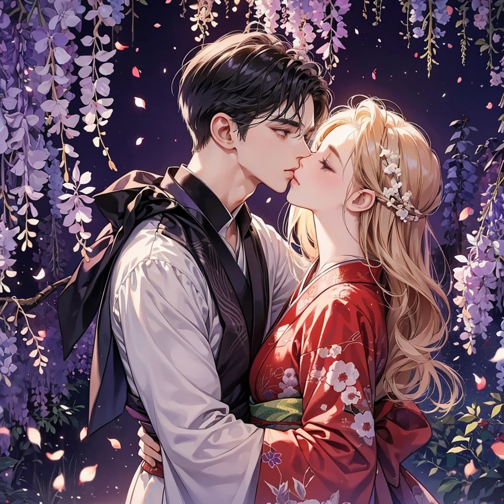 a man is kissing a woman in the wisteria forest, dark night, , (Beautifully Aesthetic:1.2),wisteria, peace, tranquility, serenity, petals, red kimono