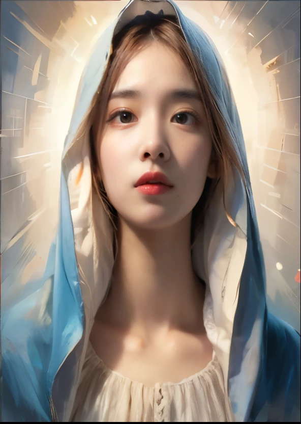 ( masterpiece, best quailty:1.2) , 8k , heavenly light , (atmospheric depth:1.2) , (vivid illumination:1.2) , (enchanting elegance:1.2) , 1girl , (Blue eyes:1.2), medieval hood, looking at viewer,