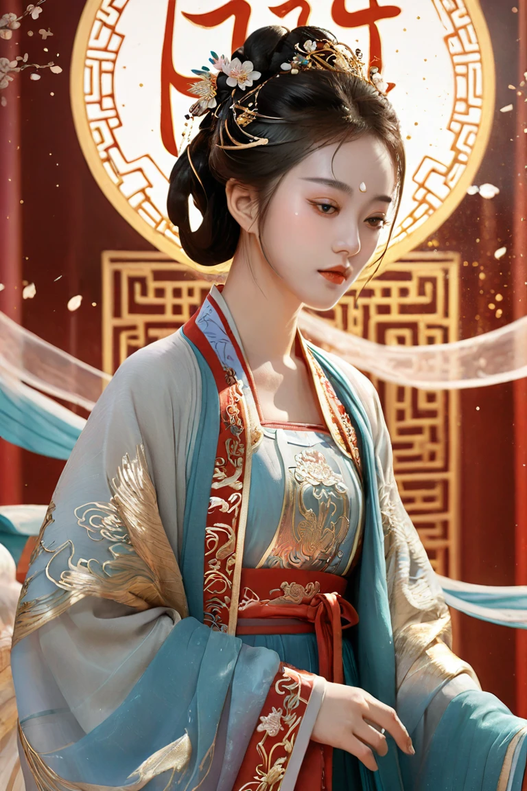 (Chinese style illustration), chinese clothes, hanfu, Exquisite Chinese color (ink painting) , Gold edge lines outline characters, 1girl ,chinese clothes, hanfu, detailed, (particles) , splendid, golden light, Extraordinary momentum , majestic, Magnificent, shining, surrealistic portrait, fantasy atmosphere ,(intricate details, hyperdetailed:1.3),  guofeng, Chinese style,official art,extremely detailed CG unity 8k wallpaper, xdgb style,