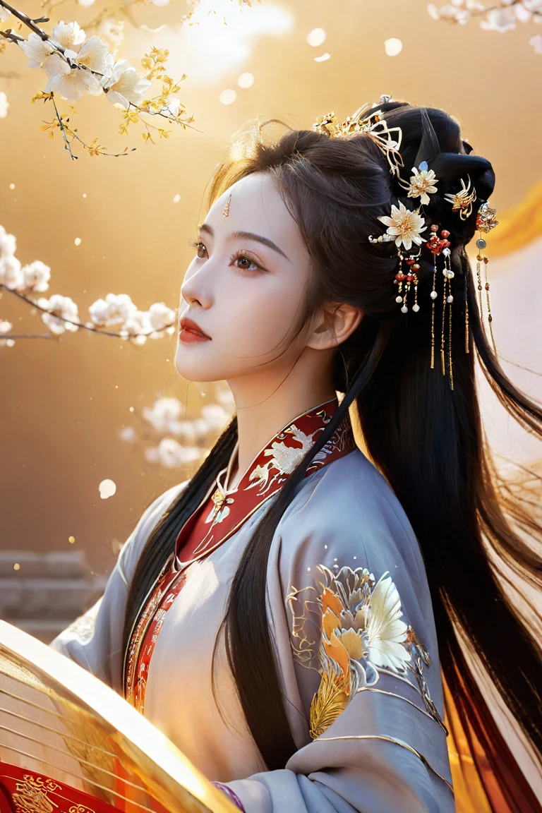 (Chinese style illustration), chinese clothes, hanfu, Exquisite Chinese color (ink painting) , Gold edge lines outline characters, 1girl ,chinese clothes, hanfu, detailed, (particles) , splendid, golden light, Extraordinary momentum , majestic, Magnificent, shining, surrealistic portrait, fantasy atmosphere ,(intricate details, hyperdetailed:1.3), guofeng, Chinese style,official art,extremely detailed CG unity 8k wallpaper, xdgb style,