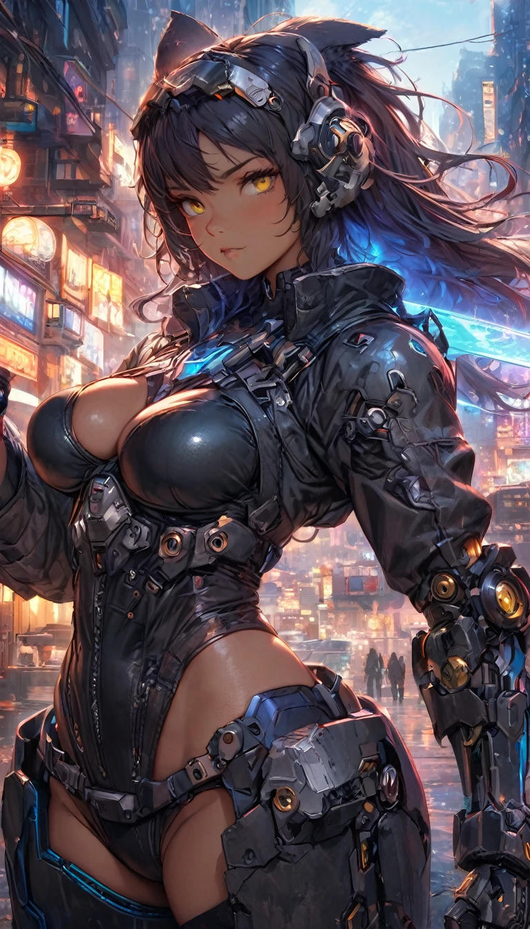 best quality,4k,8k, highres, masterpiece:1.2), ultra-detailed, extremely detailed eyes, extremely detailed body, (large masterpiece digital art), (detailed manga illustration), (detailed line art), ((perfect anatomy)), (intricate details:1.3), (ultra-detailed:1.3), (illustration:1.3), (sharp focus:1.3), (natural lighting:1.05), (vivid colors:1.3), (masterpiece), best quality, expressive eyes, perfect face, 1 girl, breasts, cleavage, gloves, huge breasts, cyberpunk clothes, black jacket, dark blue hair, very long hair, messy hair, green eyes, hourglass physique, alluring outfit, shorts, fighting stance, huge ass, cyberworld, cinematic lighting, dramatic atmosphere,