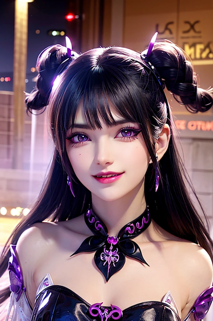 Ultra detailed young evil girl. Evil smile on her face. Villainess. Long dark floating hair. Beautiful makeup on her face. Beautiful eyelashes. Lipstick on her lips. Bright purple eyes. Crazy looking villain. Very colorful, lots of colors. Night background, with cars with bright headlights on behind, illuminating the dark streets.