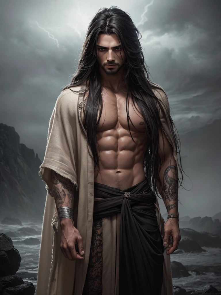 a man with long hair, beautiful detailed eyes, beautiful detailed lips, extremely detailed face, longeyelashes, tan skin, muscular body, wearing a tattered robe, standing in a dark, stormy landscape, dramatic lighting, dark moody colors, digital painting, cinematic lighting, highly detailed, photorealistic, 8k, masterpiece