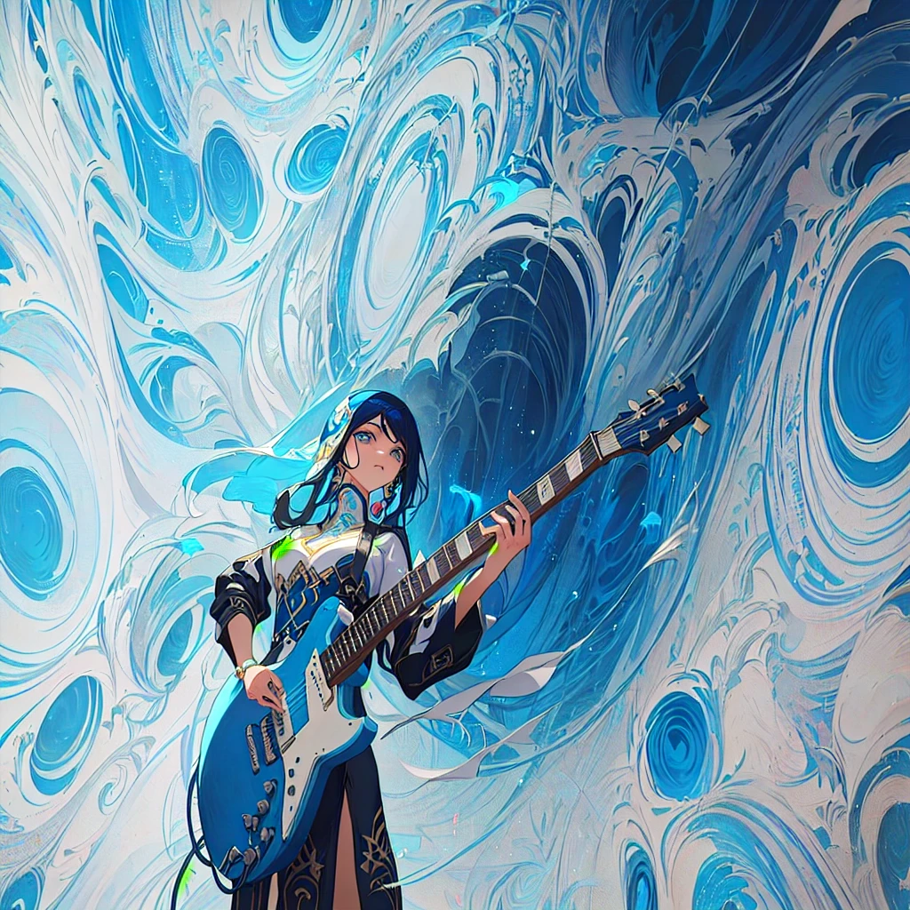 Arabian style woman playing guitar in front of a blue and white background, artwork in the style of Gwaiz, Ross Tran style, Jan J, Gwaiz, A mix of anime style and Fujifilm, Album art, Lostland Style, Inspired by Yanjun Chen, Inspired by Ross Tran, Dreamy psychedelic anime, Anime atmosphere