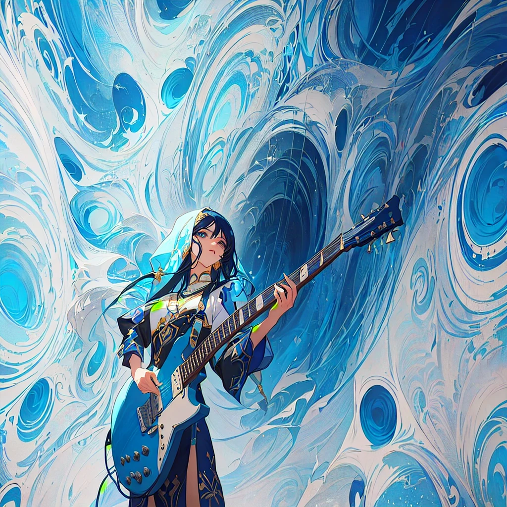 Arabian style woman playing guitar in front of a blue and white background, artwork in the style of Gwaiz, Ross Tran style, Jan J, Gwaiz, A mix of anime style and Fujifilm, Album art, Lostland Style, Inspired by Yanjun Chen, Inspired by Ross Tran, Dreamy psychedelic anime, Anime atmosphere