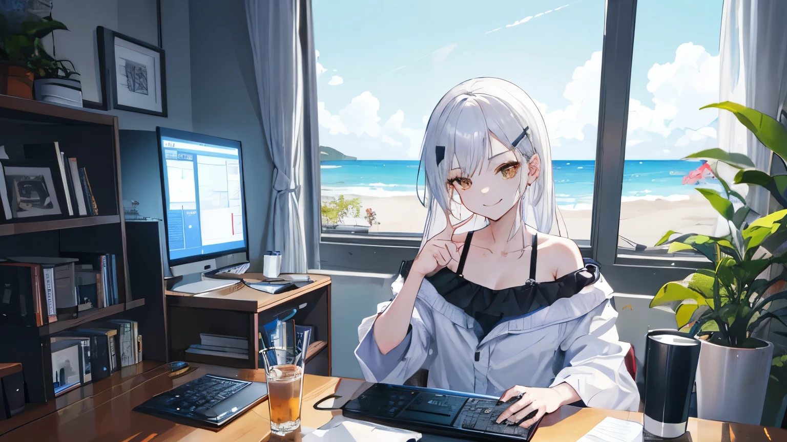((Highest quality)), ((masterpiece)), (detailed), A girl with long silver hair and a diagonal parting,pointing,33 years old,Smirking face,Golden Eyes,Straight Hair,Diamond shaped hair clip,Face tattoo,,Black off-the-shoulder,Summer vacation,Enjoy,Private room,Summer Light,computer,Windows,Blue Screen,Surfing the net,Social withdrawal,Air conditioner wind,comfortable,Cyberspace,hacking,