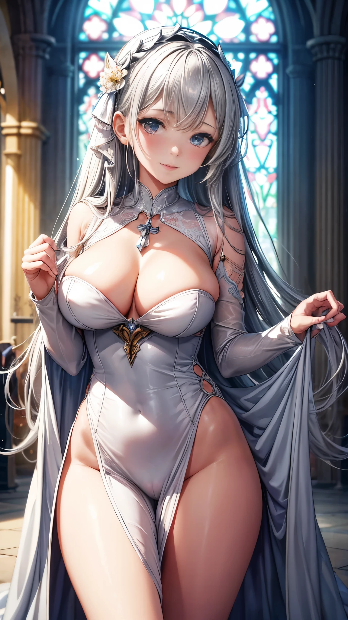 (NSFW), One girl, portraying Saint Louis from Azur Lane, stands in an ethereal pose, showcasing her upper body in a stunning silver dress. The clothing reveals a delicate yet alluring sensuality, with a revealing factor of 1.3. The scenery is a serene background reminiscent of an old-world cathedral, bathed in the soft glow of annealed lighting. The image is of besaint quality, boasting an ultra-high resolution that brings every intricate detail to life, from the shimmering fabric of the dress to the girl's delicate features. The silver dress clings to her curves, revealing her perfectly sculpted body, with am
