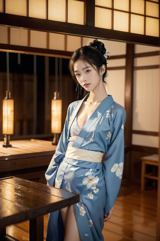 (((best quality))),(((ultra detailed))),(((masterpiece))),illustration,((1 beautiful Japannese girl,solo)),(neat bun:1.2),((slim,thin)),((small ,flat chest)),(in izakaya:1.3),(summer:1.2),(rainy:1.3),(indoor:1.2),(night scene:1.3),(wet:1.3),(collar:1.2),(blue floral kimono:1.3),porcelain skin,(slender legs:1.2),(geta:1.2),rouge,dimly lit,warm glow,ethereal,(standing beside the table:1.3),(arms behind back:1.5),sake bottle,half-empty glass,tray,grilled fish,steamed vegetables,half-eaten,melancholic smile,storm,solitude,enigmatic aura,tranquility,chaos,simplicity,mysterious,captivating,((from front,full body))