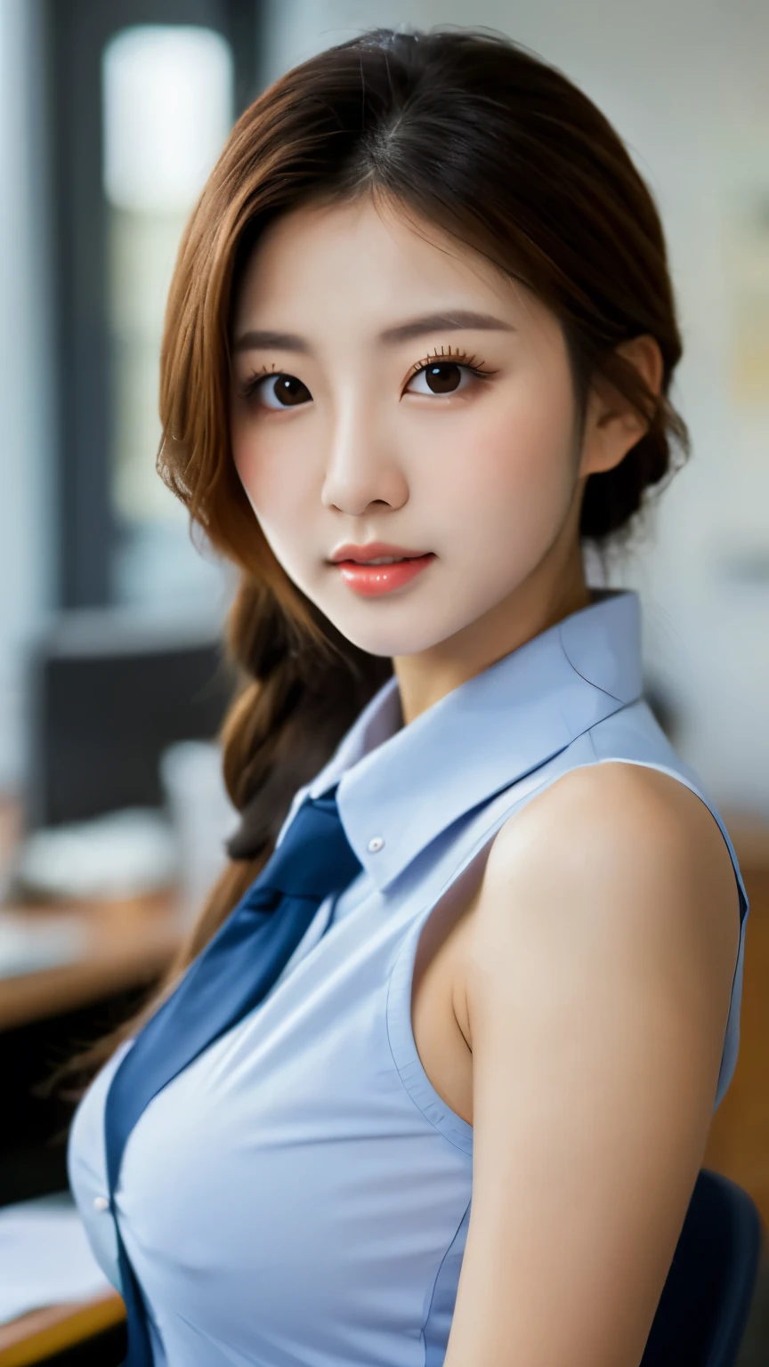 close-up of beautiful beautiful korean female, 34 inch breasts size, French braid, wearing blue collar shirt, in the office, bokeh background,UHD