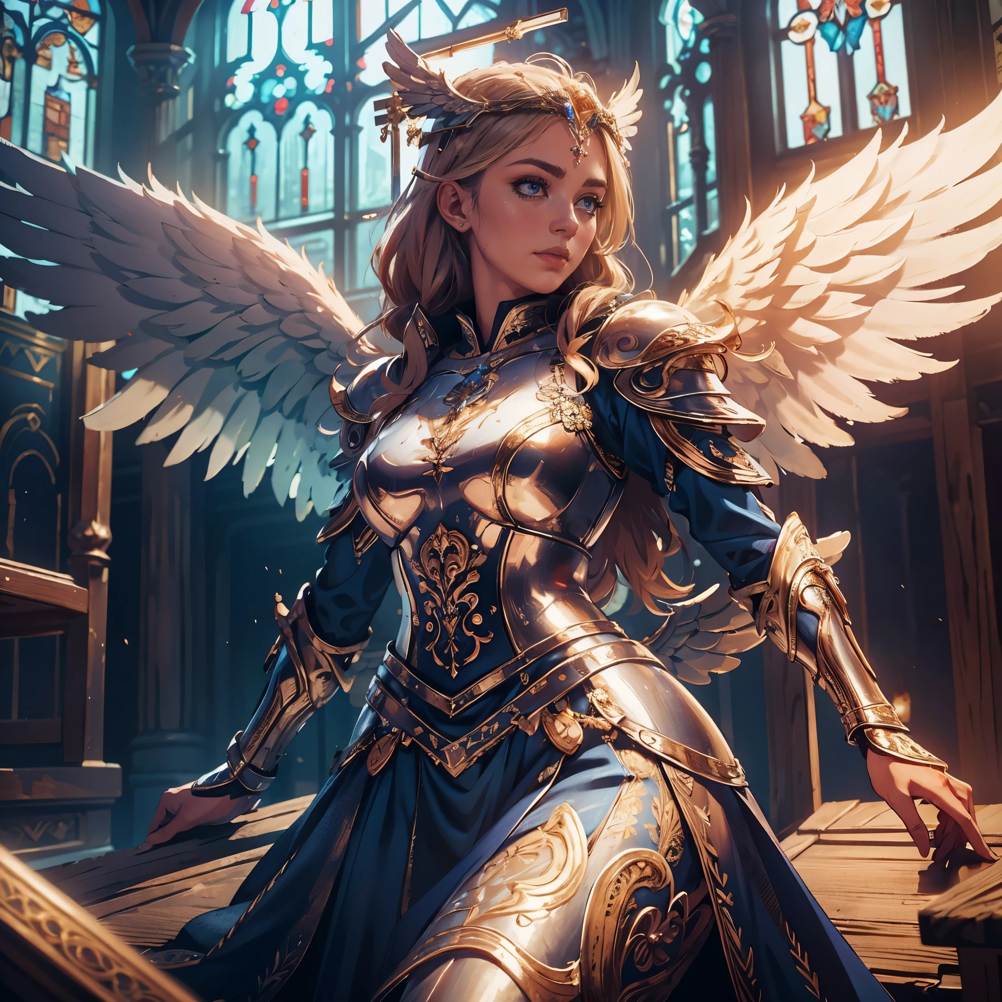 church, Perfect realistic angel, eivor, wings, valkyrie armor, angel wings, winged helmet, priestess clothes,wooden house, (insanely detailed, beautiful detailed face, masterpiece, beautiful detailed eyes, best quality)