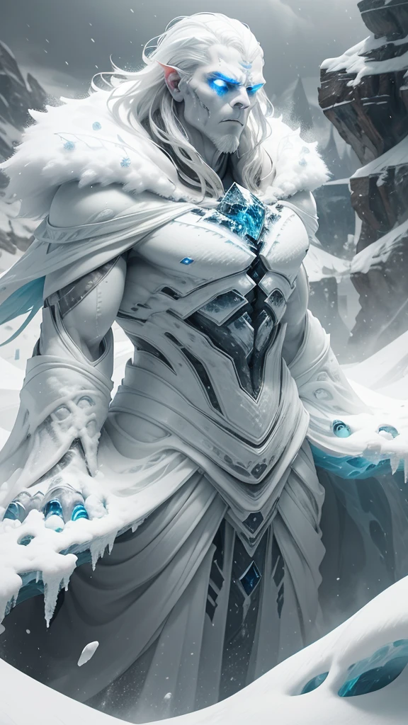 The Frostbane Giant

	•	Description: A colossal, frozen titan with a body of hardened, ice-encrusted flesh and skeletal structure. Its skin is a thick layer of frost and snow, with sharp, jagged ice formations jutting out like cruel, icy spikes. Its eyes are chilling, blue orbs that seem to pierce through the storm, and its breath forms frigid clouds of mist that freeze everything in their path.
	•	Background: An endless, frozen wasteland where the blizzard howls incessantly. The ground is a treacherous expanse of ice and snow, with jagged, frozen peaks jutting out and creating an almost labyrinthine landscape. The blizzard obscures visibility, with swirling snow and ice crystals creating a constant, blinding storm. The atmosphere is heavy with an unrelenting cold and the eerie, hollow sound of the wind screaming through the barren, icy expanse.