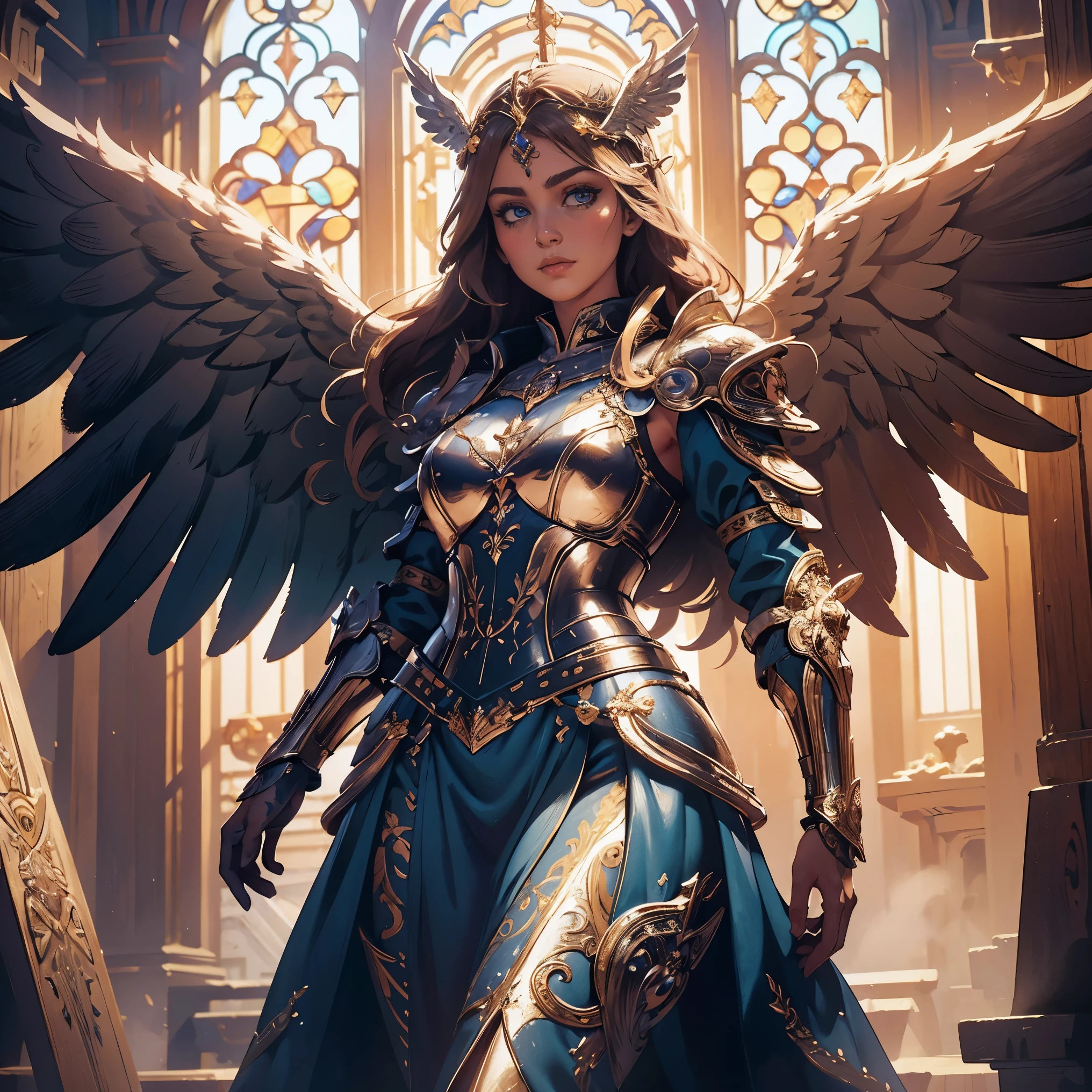 church, Perfect realistic angel, eivor, wings, valkyrie armor, angel wings, winged helmet, priestess clothes,wooden house, (insanely detailed, beautiful detailed face, masterpiece, beautiful detailed eyes, best quality)