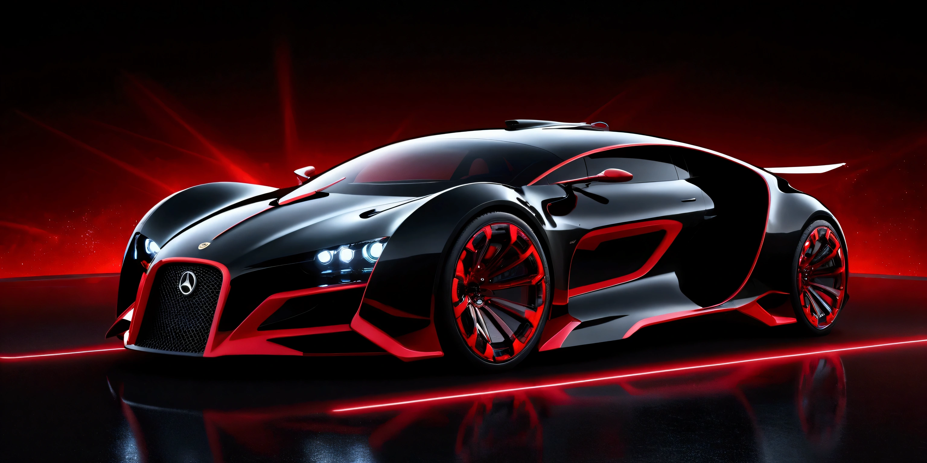 A futuristic car in black and red colors with lights ON AND LUXURY WHEELS ON A 3D FUTURISTIC BACKGROUND and containing a text LUXURY CARS IN WATERMARK