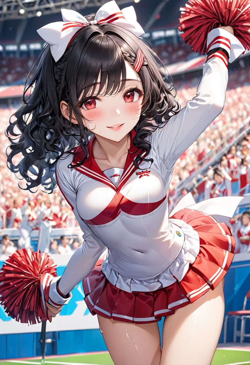 (cheer leading style) (beautiful sweaty skin), (holding both hands ponpon), (beautiful detailed curly:1.3) (beautiful black hair long hair) (sexy cute princess girl) (detailed cute red eyes), (beauty smile, glossy lips, medium tits), (in a detailed cute white Cheerleader uniform), break, in the Olympic Venues, background many audience, BREAK, perfect anatomy, masterpiece, best quality, 16k, beautiful detailed love, daydreaming expression