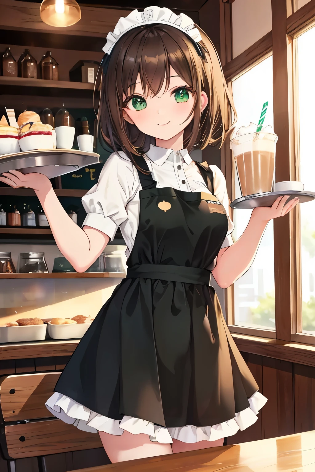 (masterpiece, highest quality, high resolution, super high resolution, pixel perfect, written boundary depth, 4K, RTTX 10.0, high resolution)), 1 girl, single, alone, beautiful anime girls, Beautiful art style, Anime characters, (shortcuts, bangs, dark brown hair)), ((Green Eyes: 1.4, Round eyes, Beautiful shadows, current eyes)), (Smooth texture: 0.75, Anime CG style)), Medium chest, (dynamic angle, close)), perfect body, (pretty girl), 1 girl, solo, baseball stadium setting with a lively atmosphere., In a cozy, stylish café with a warm and inviting atmosphere, a young girl dressed in a classic maid outfit is bustling around busily. She wears a traditional black dress with a white apron and a matching headband. The café interior features rustic wooden tables, comfortable seating, and a counter displaying delicious pastries and beverages. The girl is carrying a tray with coffee and desserts, smiling warmly as she serves customers. The café is filled with a pleasant mix of people enjoying their drinks, adding to the lively and charming ambiance.