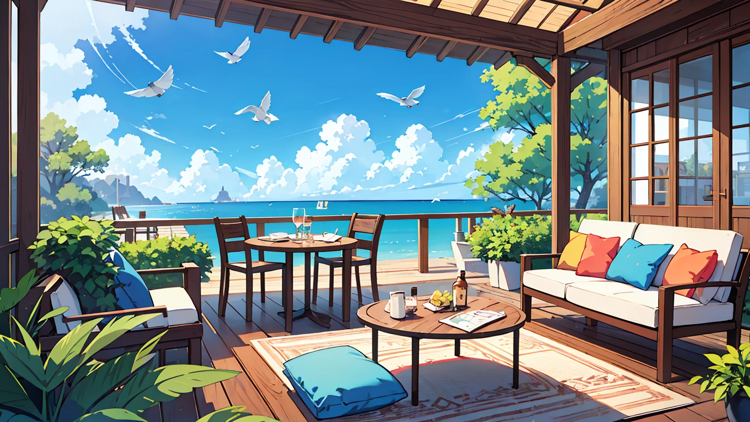 (걸작, 최고의 품질),Create an image of a serene beachfront outdoor living space, featuring modern white sofas with blue cushions arranged on a wooden deck. The setting includes a low, round wicker table with a glass top and decorative items. The deck overlooks a tranquil turquoise sea under a clear blue sky, with gentle waves lapping at the shore. Birds can be seen flying in the distance, adding to the peaceful ambiance of this luxurious relaxation spot.