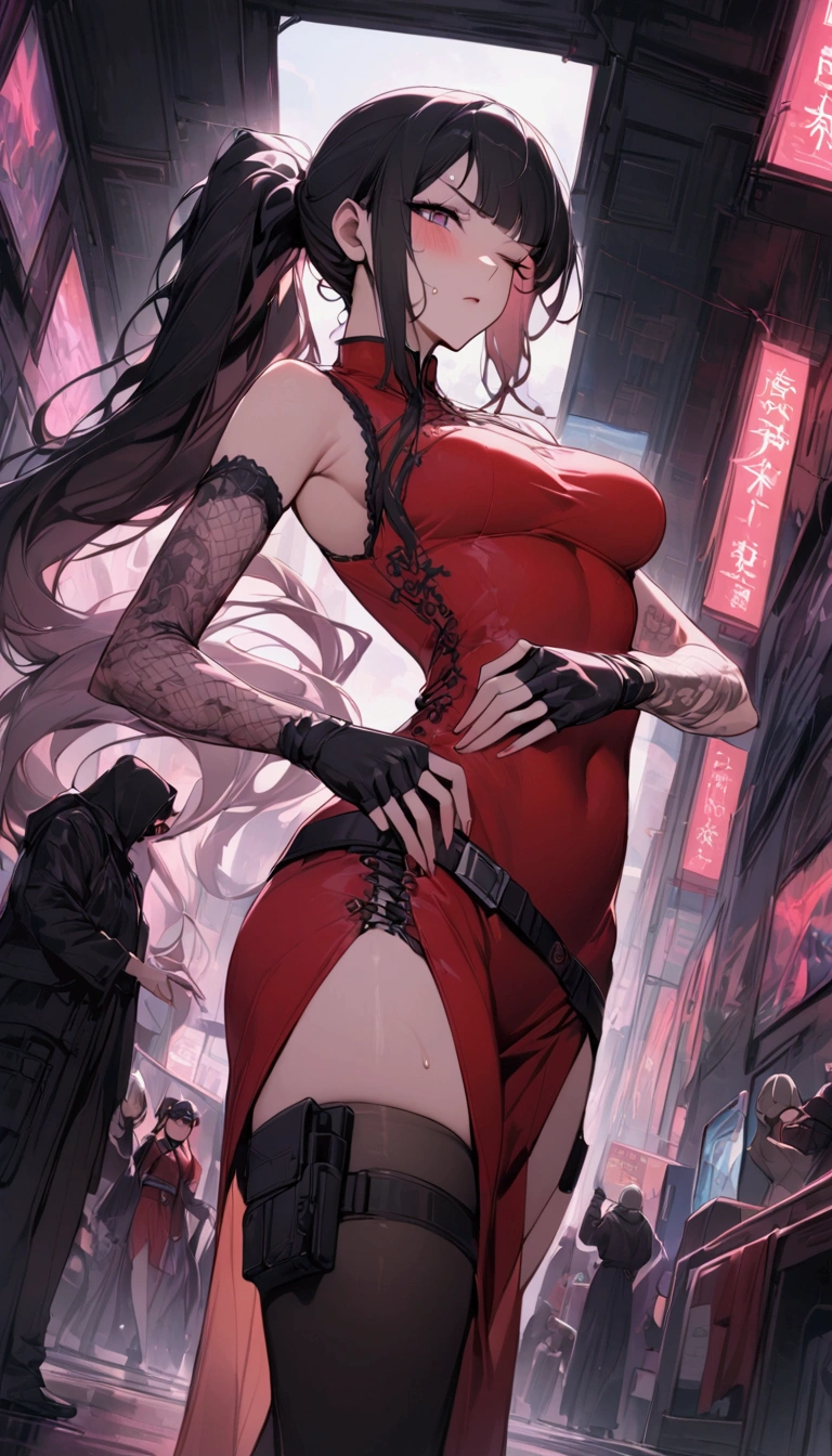 Dynamic composition,dutch angle,from side,{{masterpiece}}, {{{Highest quality}}},{{Very detailed}},{{Fight}},{{fighting stance:1.6}},{{critical situation:1.6}},{{hold down one's stomach with one's hands:1.6}},1girl,30years old,{Mature Woman}},cyberpunk,{{RED Chinese clothing:1.2}},Red sleeveless Chinese dress,pelvic curtain,black stockings,belt,black fingerless gloves,Lace arm covers,holster,{{Grit your teeth:1.4}},one eye closed, ,{{v-shaped eyebrows}},Bad mood,blush,Sweat,raise one's eyebrows ,{{View your viewers}}、Very long long hair in a ponytail.abdominal pain ,{{pain}},Inside the dojo,indoor