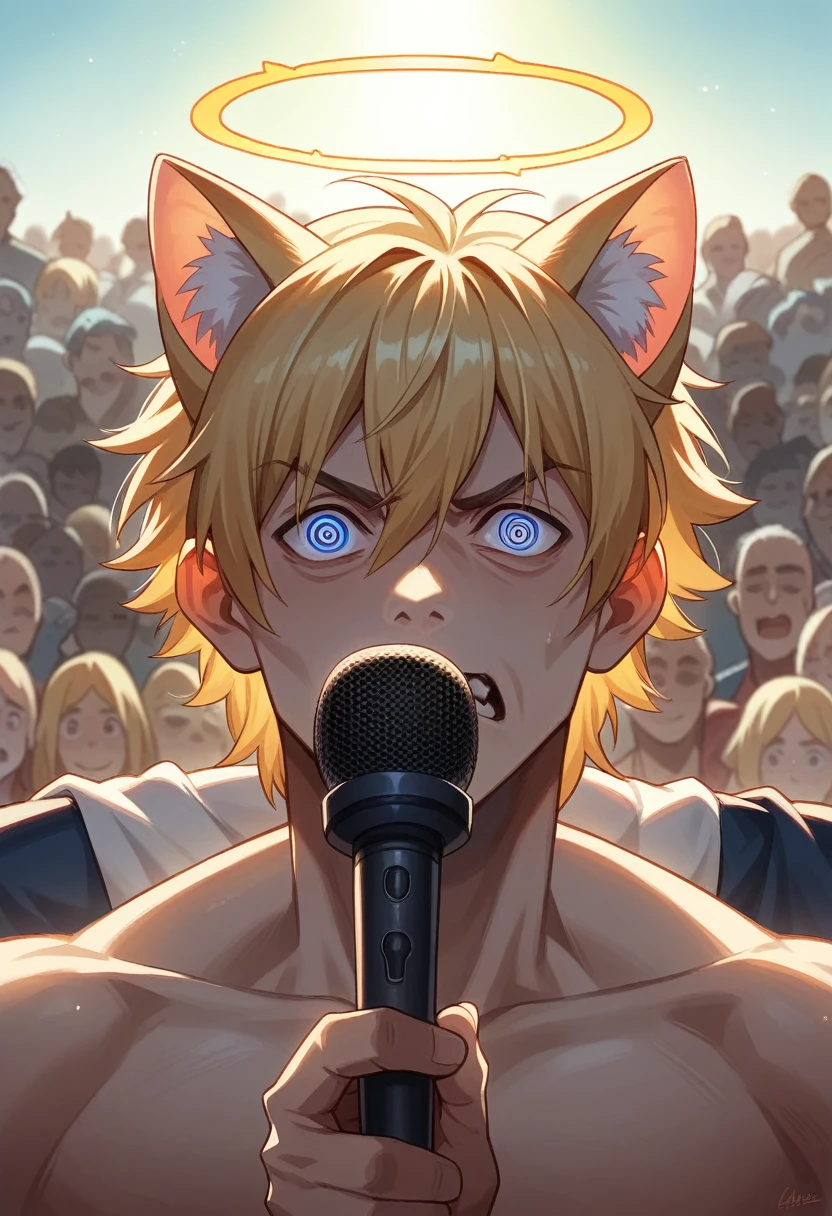 Steve Irwin riding a dragon, Australian, 1 Boy, male focus, blonde hair, looking at viewer, complete anatomy,perfect hands, Midday Summer, sunlight, cell shading, possession, possession a microphone speaking to a crowd, detailed face, detailed eyes,crazy eyes, cat ears, determined, halo, shiny hair, ray tracing, high detail, 16,000, textured skin, super detail, uhd, retina, anatomically correct, Awards