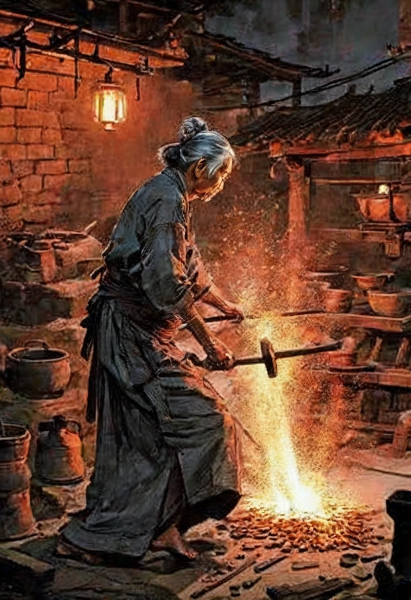 There is a man holding an iron rod., blacksmith, Smelter, body building blacksmith, the blacksmith, working in the forging, background, Ironmaking pits, blacksmith, Ancient Chinese tools and houses, forging, at night, Sweating、Dirty and messy (grey:1.2) (old:1.2) (witch:1.1) (Serving:1.4) Wrinkles Women (grandmother:1.1) witch (blacksmith:1.5) 隐藏在shadow中,Contrast tattoo with a hot iron (Hammer:1.2) Force a piece (Thermoluminescence:1.2) Iron Machinery, Tinkering, 黑暗车间background, (apron:1.2), Red spark, (High contrast:1.2), shadow, Luminous Light, extremely (深色background,:1.2), labor, Dark Scene,complex, detailed, Backlight, sleep, dusk,