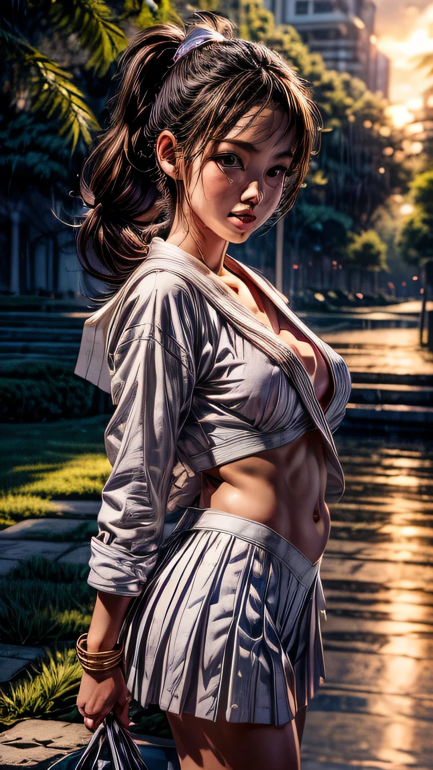 One girl, high school girl、(((リボン付きSailor suit))), Summer clothes、((Navy pleated ocks、loafers、ponytail、school bag)、My belly is visible through my clothes、cute, wonderful, Beautiful attention to detail, Iris, Black Hair, In detail, Depth of written boundary, Highly detailed CG, original, Highly detailed wallpaper, View your viewers, Detailed face, Cleavage, (Big Tits, Hard nipples)、Toned Abs, White skin, Realistic、(Cinema Lighting)、Detail emphasis, Beautiful lighting、(((Sailor suit))), Summer clothes、 ((In the park after the rain))、Summer sunset、Realistic park、masterpiece, 最high quality, high quality, High resolution、 smile