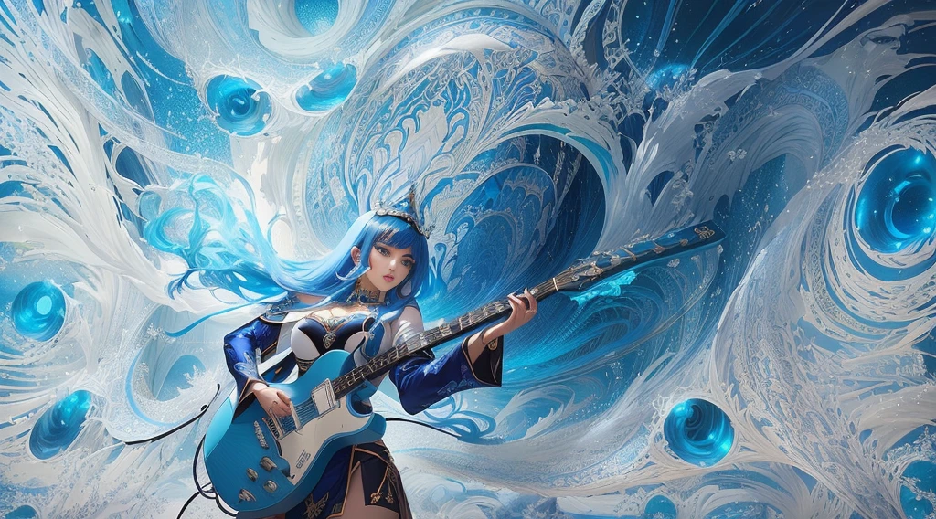 Arabian style woman playing guitar in front of a blue and white background, artwork in the style of Gwaiz, Ross Tran style, Jan J, Gwaiz, A mix of anime style and Fujifilm, Album art, Lostland Style, Inspired by Yanjun Chen, Inspired by Ross Tran, Dreamy psychedelic anime, Anime atmosphere