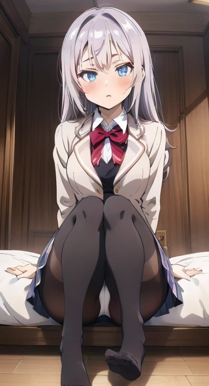 2 girls , finest, masterpiece, High resolution, (Full body view from head to toe), Composition from slightly below the front, Symmetrical, , slim and beautiful girl, alone, (small breasts), (not wearing shoes),long messy silver hair, bangs, (black tights), (black pantyhose), (sitting on the floor with legs apart), (Pose with legs spread on the bed), tied up with both arms hidden behind the back, (Composition showing white panties), (her legs spread、I can see white panties.), (Open mouth with a pained expression), blush, shy big eyes, looking at camera, blazer uniform, plaid pleated skirt  , (spread legs :1.2)
