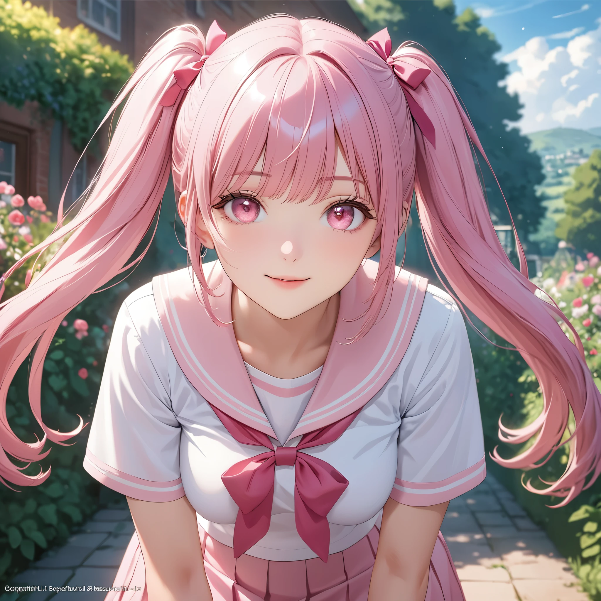 (8K, masutepiece, Best Quality, Official art, beautiful detailed, beautiful lighting, best masterpiece in history that exceeds limits), (1 Girl, Solo), (), (beautiful detailed face), (shiny white skin), (Beautiful big bust:1.3), (thighs, navel), (beautiful detailed pink twin tails hair, Bangs:1.3), (beautiful detailed drooping pink eyes:1.5), (high school uniform:1.3), (patsel pink sailor collar, white short sleeves short length outing shirt, pastel pink pleated skirt, patsel pink ribbon:1.3), (happy smile:1.2), (Attractive, Look at the camera, cute pose), breathtaking scenery, (ultra detailed realistic Beautiful a pink door on the hill, blue sky, open a pink cute door, garden, door to the beautiful another world:1.3)