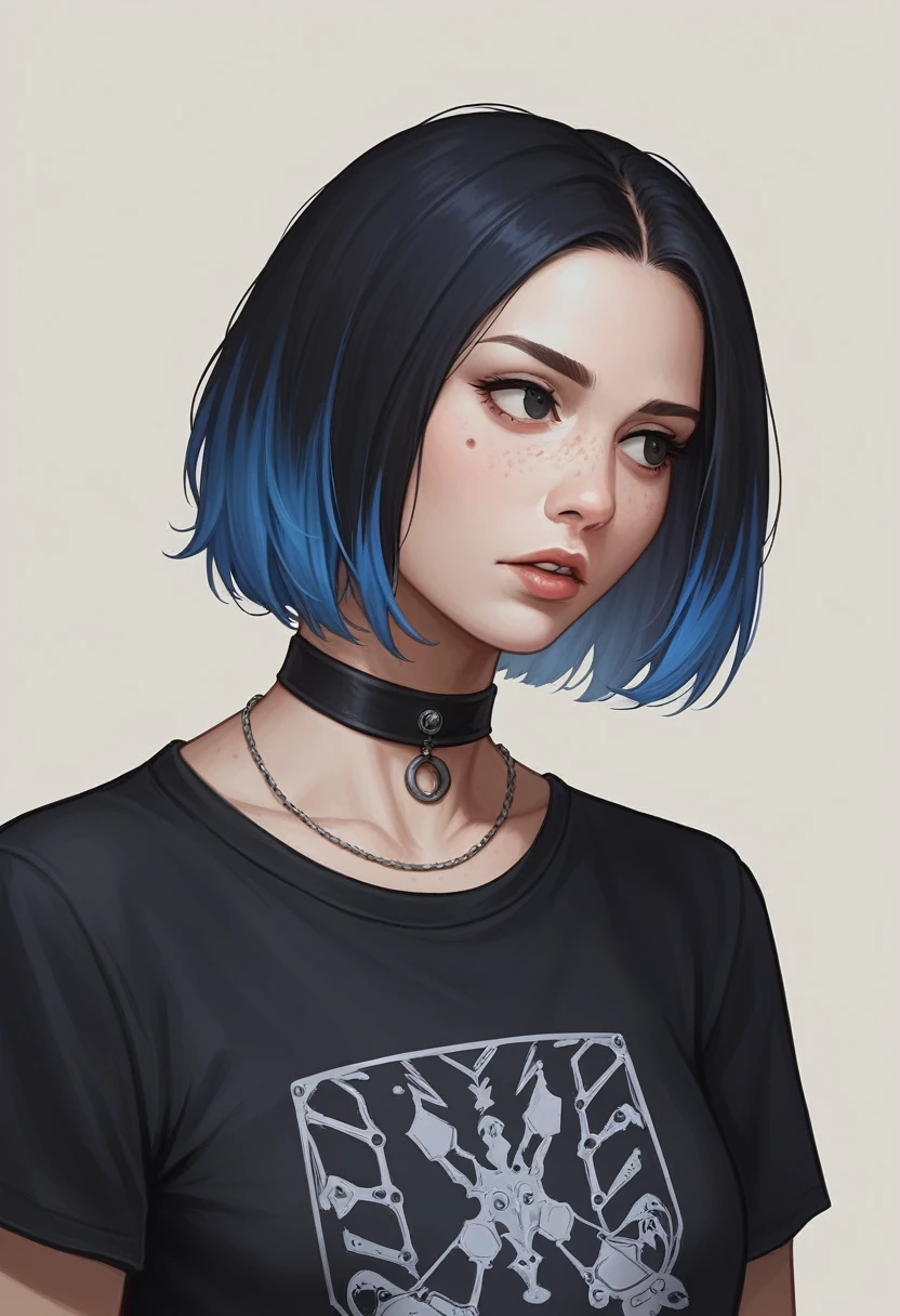 masterpiece, best quality,3d렌더링 작업 ,3dMM 스타일,enlargement,portrait, 3d,1 woman, alone, multicolored hair, blue hair, black hair, necklace, freckles, bijouterie, two tone hair, looking to the side, realistic, upper body, simple background, forehead, looking far away, Short hair, parted Lips, black eye, Lips, Gothic, choker, assembly, mole, black shirt, shirt, watermark