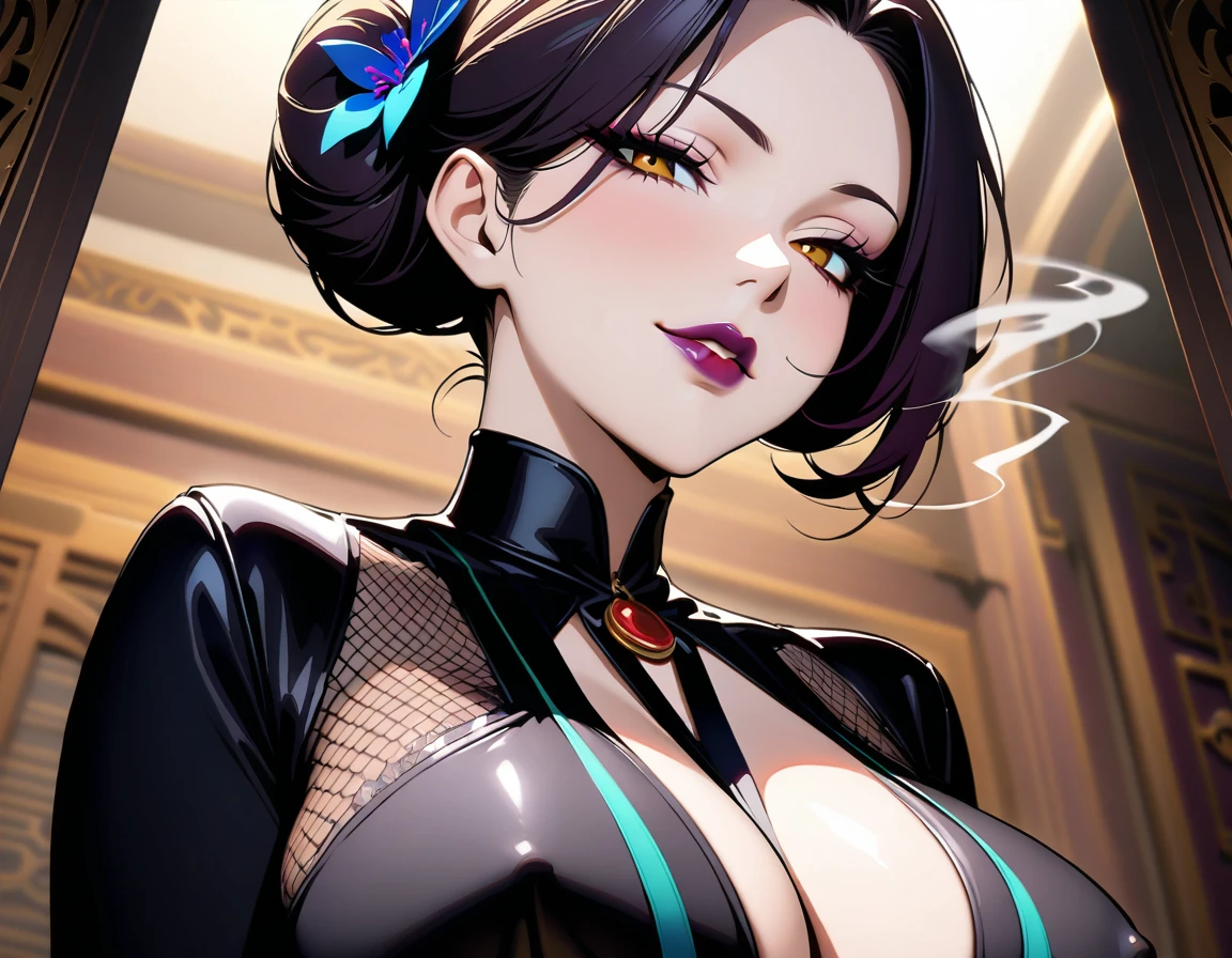 (A bewitching 35-year-old Japanese MILF, Mouth shot of an evil widow in a stunning black mourning outfit standing alone under the eaves of a funeral hall on a moonlit night, her chestnut French roll hair cascading down her back like a waterfall of darkness, close-up of her face as her dark red lips whisper a secret to the shadows. She looks out over her gloomy surroundings with an atmosphere of seductive serenity, exuding an aura of mysterious charm., White smoke from incense sticks is floating thinly like mist., Background effect showing swirling anxiety),(nsfw, masterpiece, incredibly absurd resolution, absolutely resolution, ultra high resolution, Mature Female, evil MILF, professional, vivid colors, perfect anatomy, ideal facial features, perfectly beautiful face, super detailed face, evil seductive smile:1.3), (A slyly drawn face:1.2), incredibly beautiful and incredibly detailed, Focus on the character's face, Close up of face, Forehead, Thin, arched eyebrows, double eyelids, half lidded eyes, beautiful amber eyes, a neat nose, beautiful nostrils, a sensual full mouth, dark lipstick, glossy lips, (Straight-on, from below, Core shadow, perspective, look up, looking down at us), Image through the camera viewfinder, Aesthetic, 16k, Sukebe smile and open her mouth, Death Siren, Captivating voice, hypnotic whisper, evil seductive ASMR, evil MILF, Femme Fatale, Perspective view