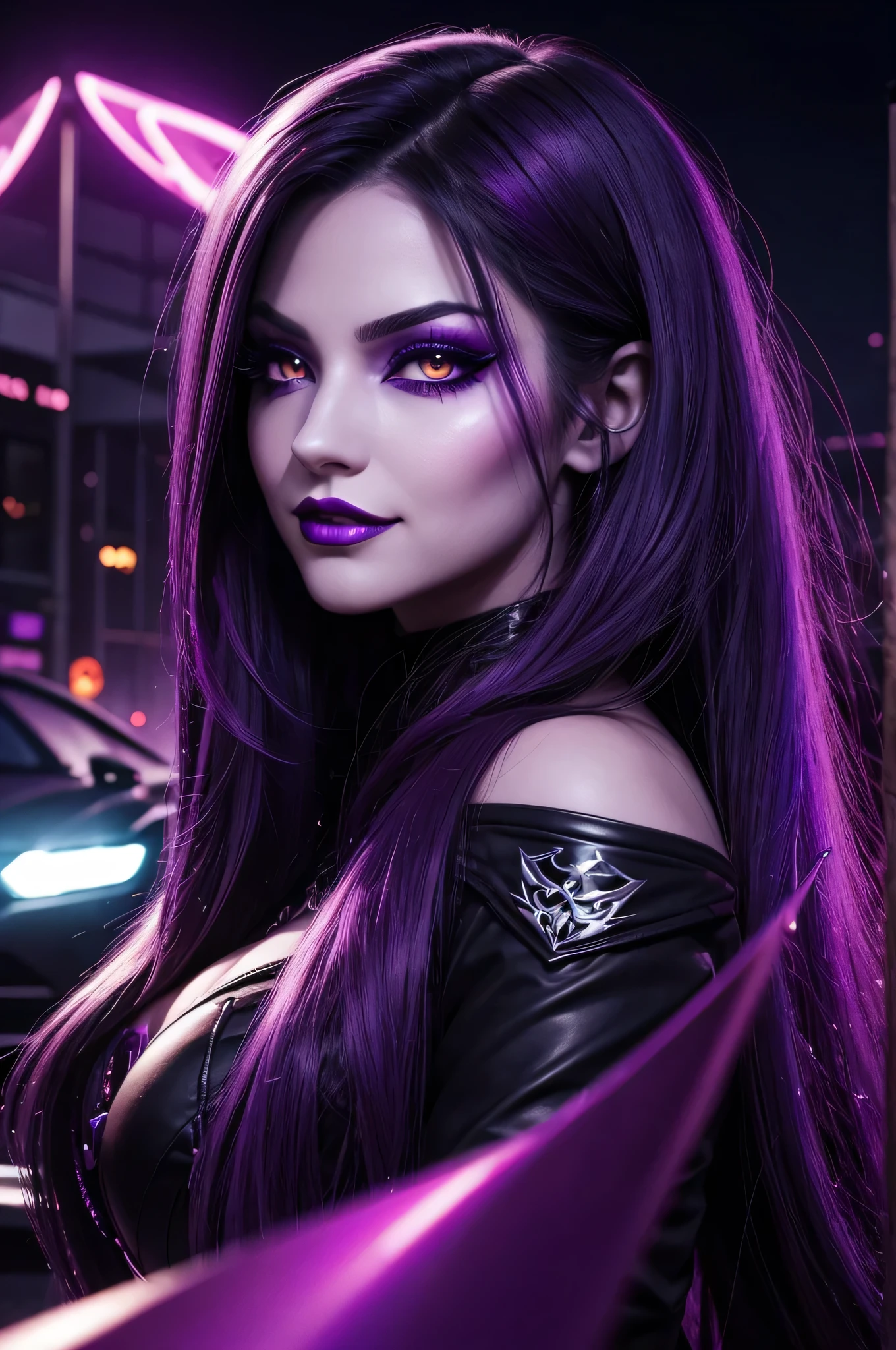 Ultra detailed young evil girl. Evil smile on her face. Villainess. Long dark floating hair. Beautiful makeup on her face. Beautiful eyelashes. Lipstick on her lips. Bright purple eyes. Crazy looking villain. Very colorful, lots of colors. Night background, with cars with bright headlights on behind, illuminating the dark streets.