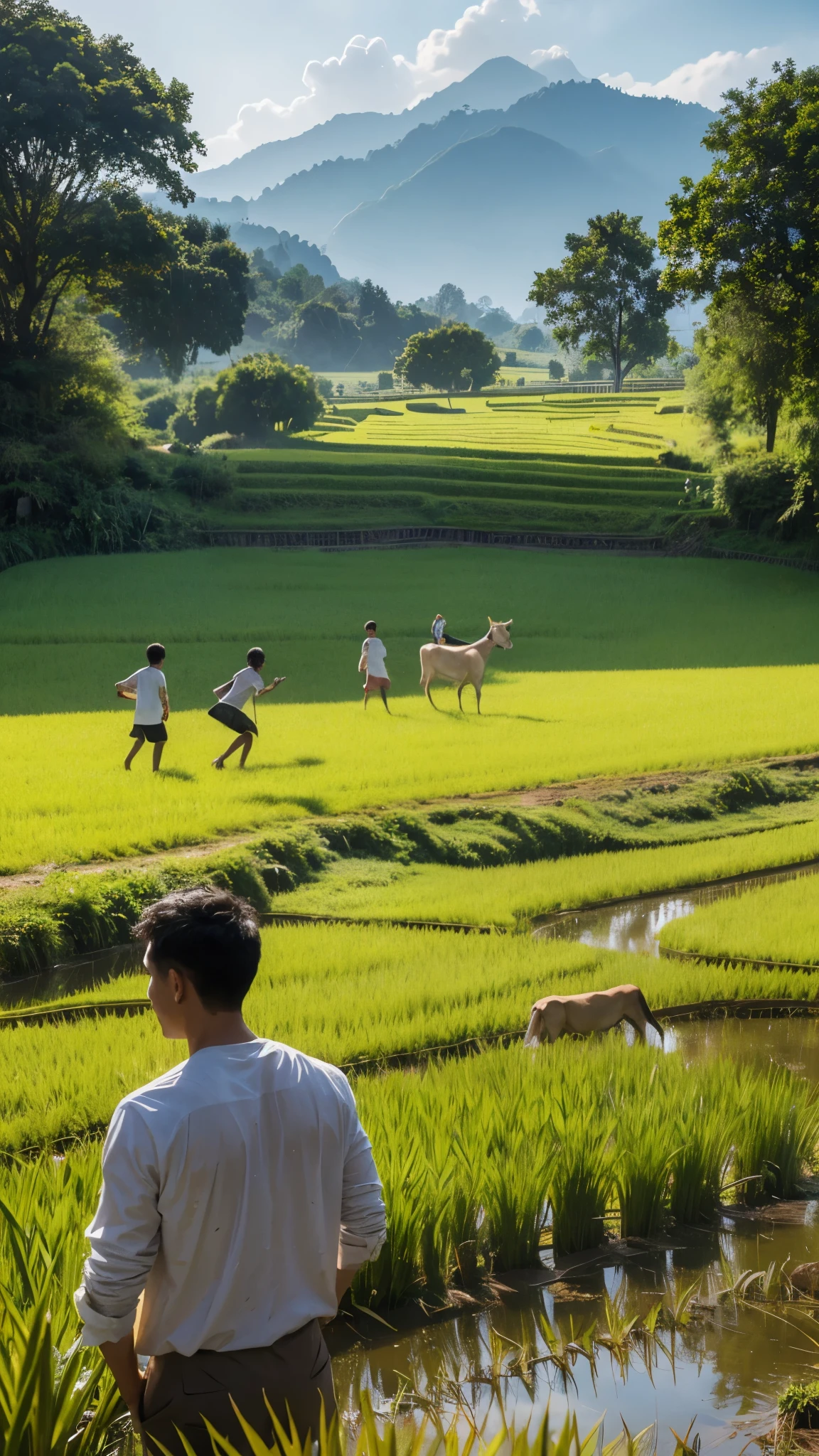 A realistic, ultra HD, 4K scene of some Indonesian boys playing in the rice field with their bodies covered in mud stains. They are cheerful, wearing random clothes, with detailed mud splashes on their feet. Light rain is falling, adding to the lively atmosphere. The background features cows grazing and majestic mountains. The composition follows the rule of thirds, capturing the dynamic energy of the boys. The viewpoint is a cinematic shot, providing a wide-angle view that encompasses the entire scene. The boys are elated, their bright smiles illuminating the frame. Natural light enhances the realism, and the cinematic style adds depth and emotion to the scene. Rendered using Unreal Engine for hyperrealism. This image is captured through the medium of photography.