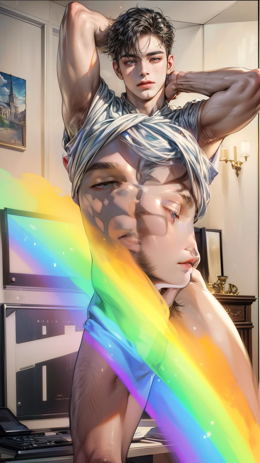(masterpiece, top quality, best quality, official art, beautiful and aesthetic:1.2), boy, handsome, perfect details, highest detailed, (perfect face), glimmering eyes, shiny skin, HDR, extremely detailed surroundings, detailed background