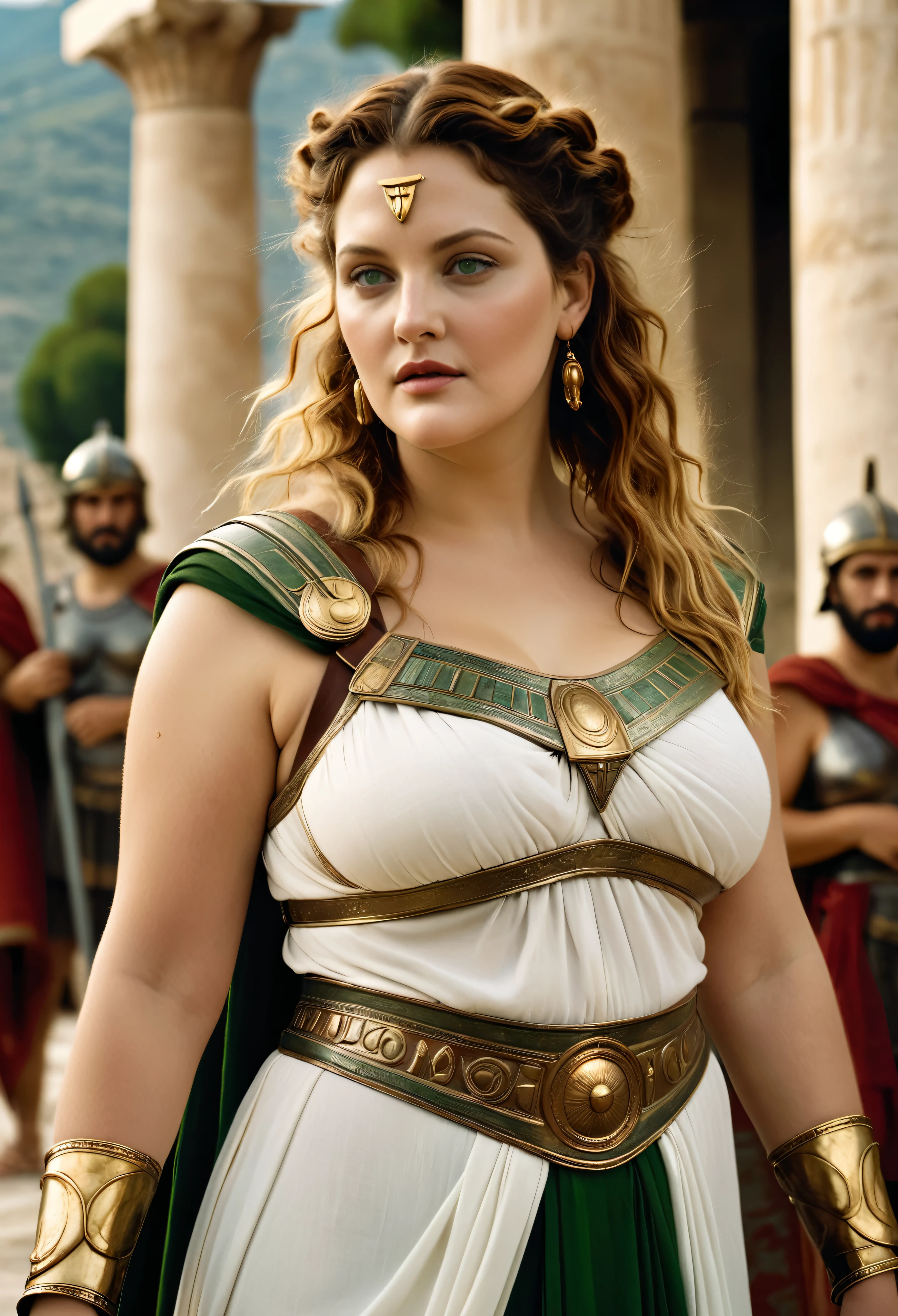 Looks like Drew Barrymore, A white thick woman with big breasts and a curvy body, brown hair and green eyes wearing ancient Greek war clothes, best quality, masterpiece, 