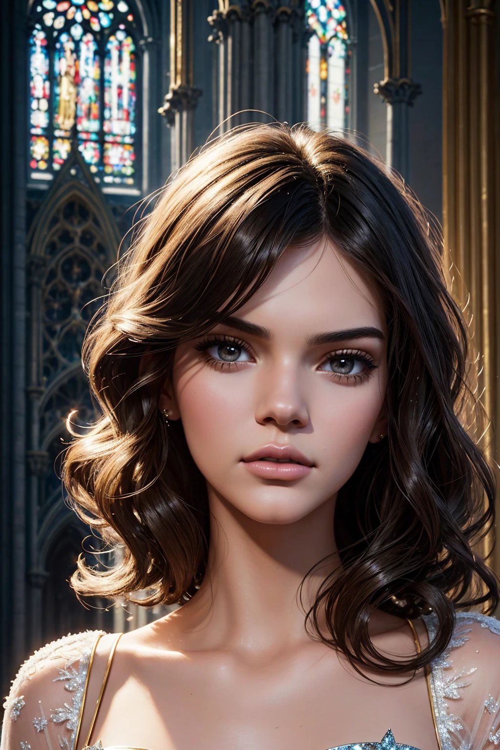 portrait Kendall Jenner, wearing Cinderella costume, against the background of the Notre Dame Cathedral, character portrait, 4 3 9 0 s, curly hair, intricate, elegant, highly detailed, digital painting, artstation, concept art, smooth, sharp focus, illustration, art by wlop, charlie bowater and alexandra fomina, 36k, glittering, shining