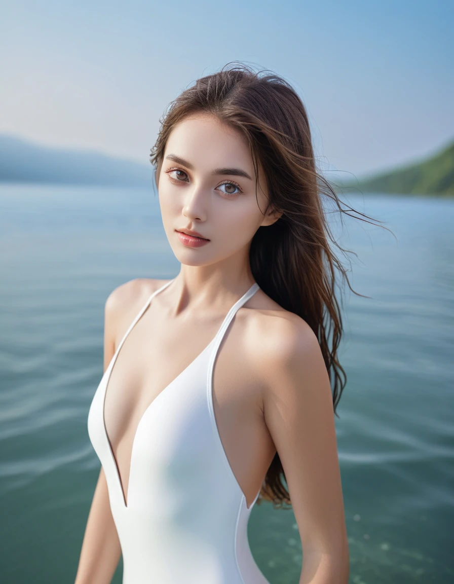 High quality, high resolution, best composition, one beautiful woman, only upper body out of the water, white swimsuit, best proportions, beautiful eyes with details, small face, long hair, real skin.