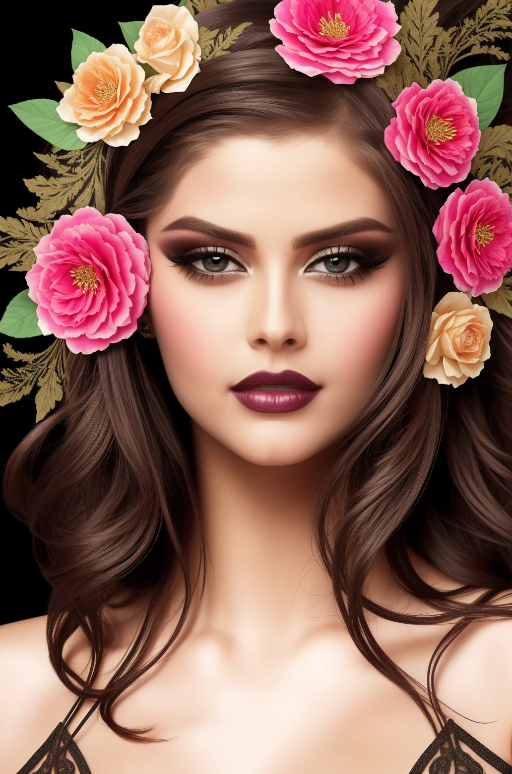 A captivating portrait of a woman with smoky eyes and glossy lips, surrounded by intricate floral designs and fractal elements.