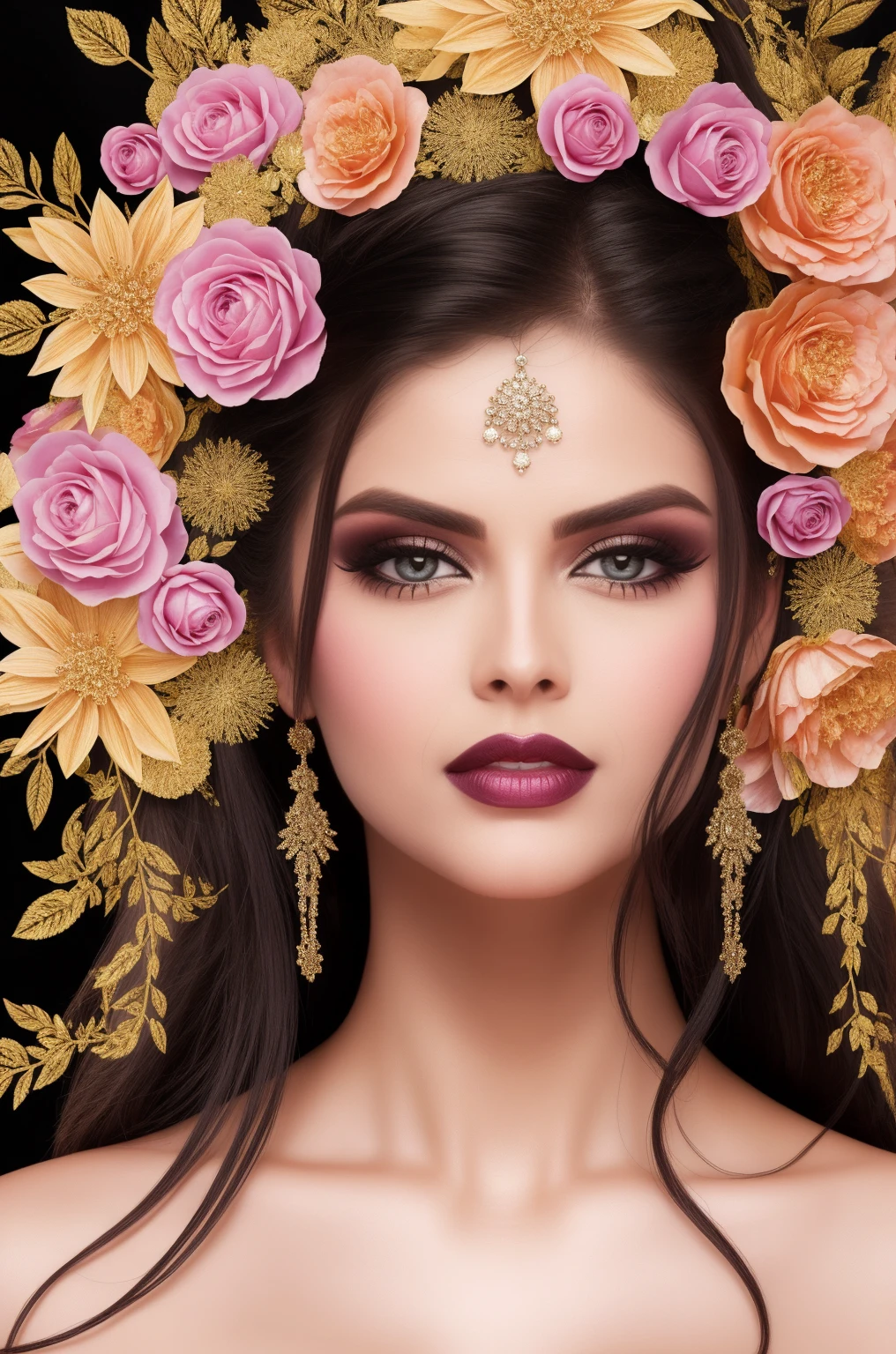 A captivating portrait of a woman with smoky eyes and glossy lips, surrounded by intricate floral designs and fractal elements.