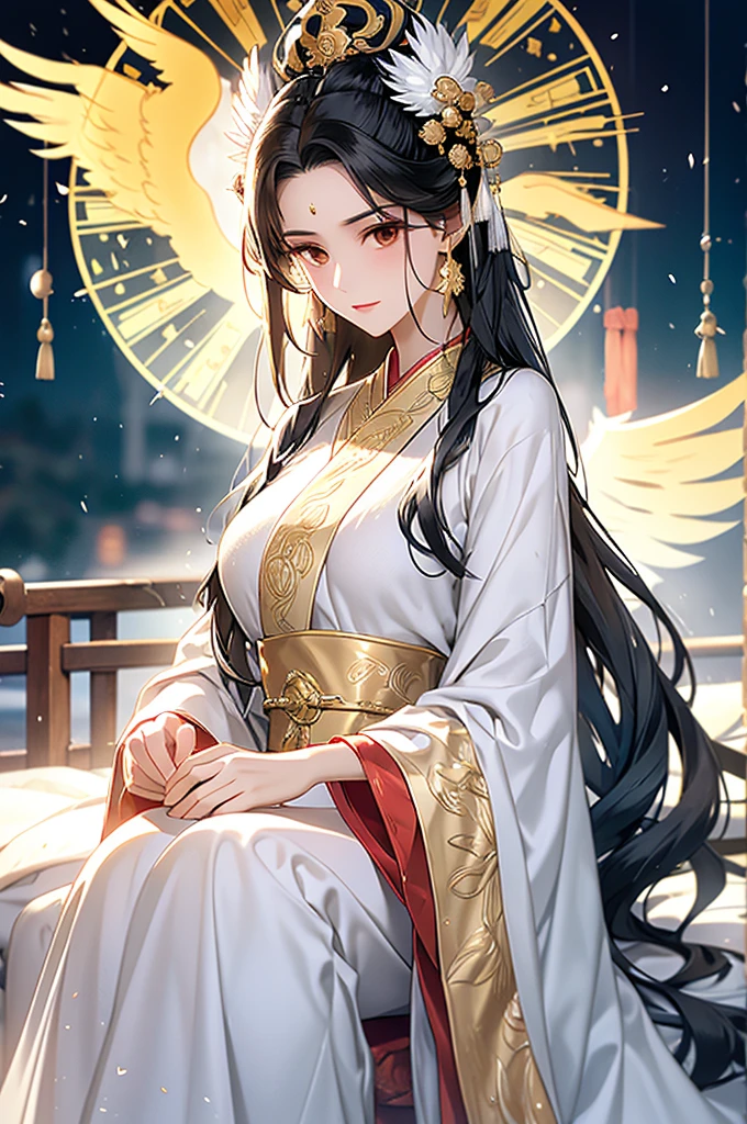 Black Hair, Immortal, Beauty, Royal sister, Stepmother, White Taoist robe, Golden Phoenix Coronet, Hair Bunch, Mature Woman