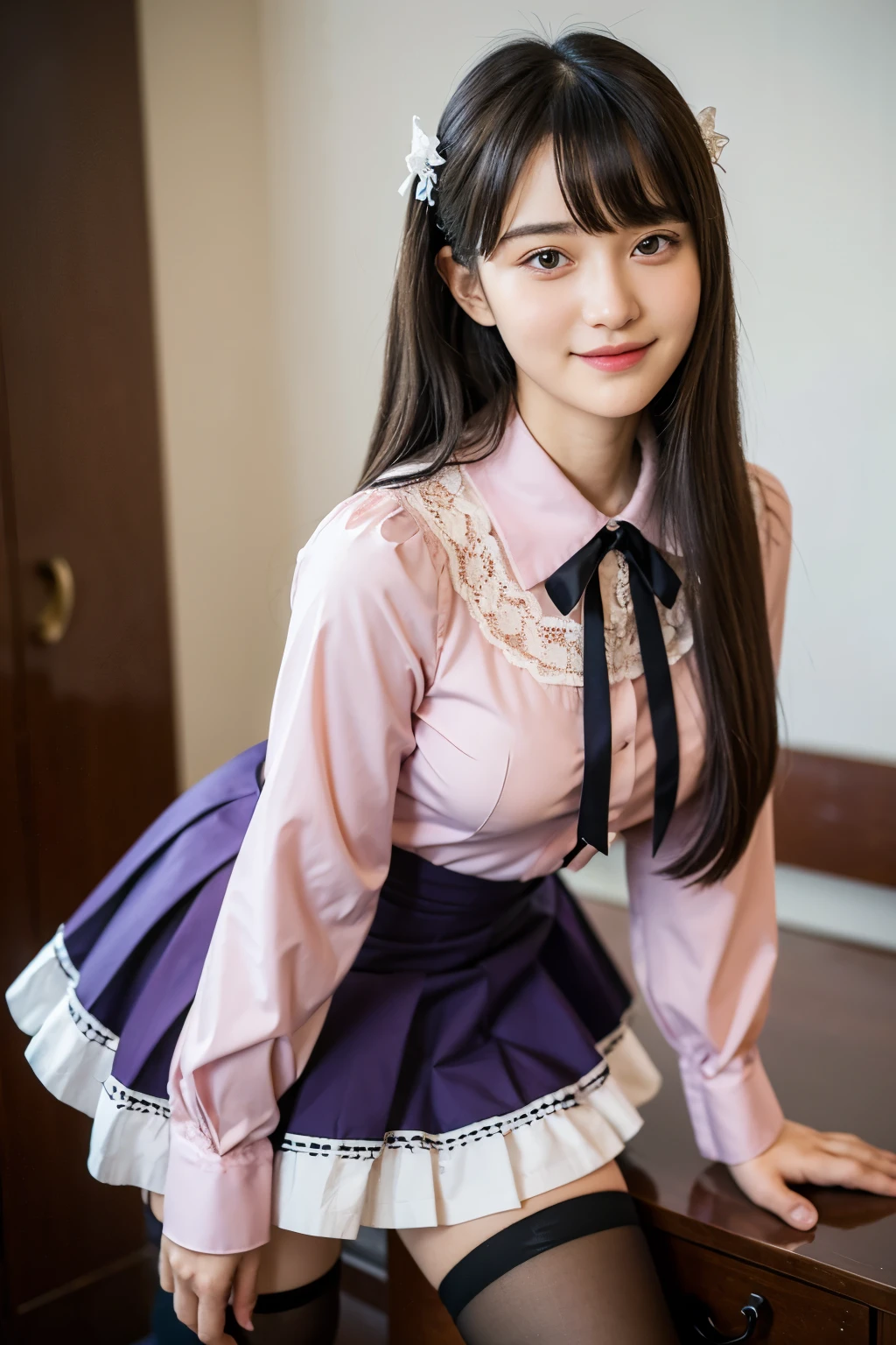 ((masterpiece)), ((best quality)), ((ultra-detailed)),((hyperrealistic)),shiny skin,1girl,,(((swept bangs))),hair intakes ,black hair,long hair,straight hair,sidelocks,sideburns,((dark purple eyes)),medium breasts,14 years old,smile,wearing a kawaii fashion outfit, outfit features a pink blouse with black lace trim and a large bow at the collar, The blouse is paired with a black high-waisted skirt with lace-up details, The person is also wearing black knee-high socks with lace tops, The overall look is cute and elegant,