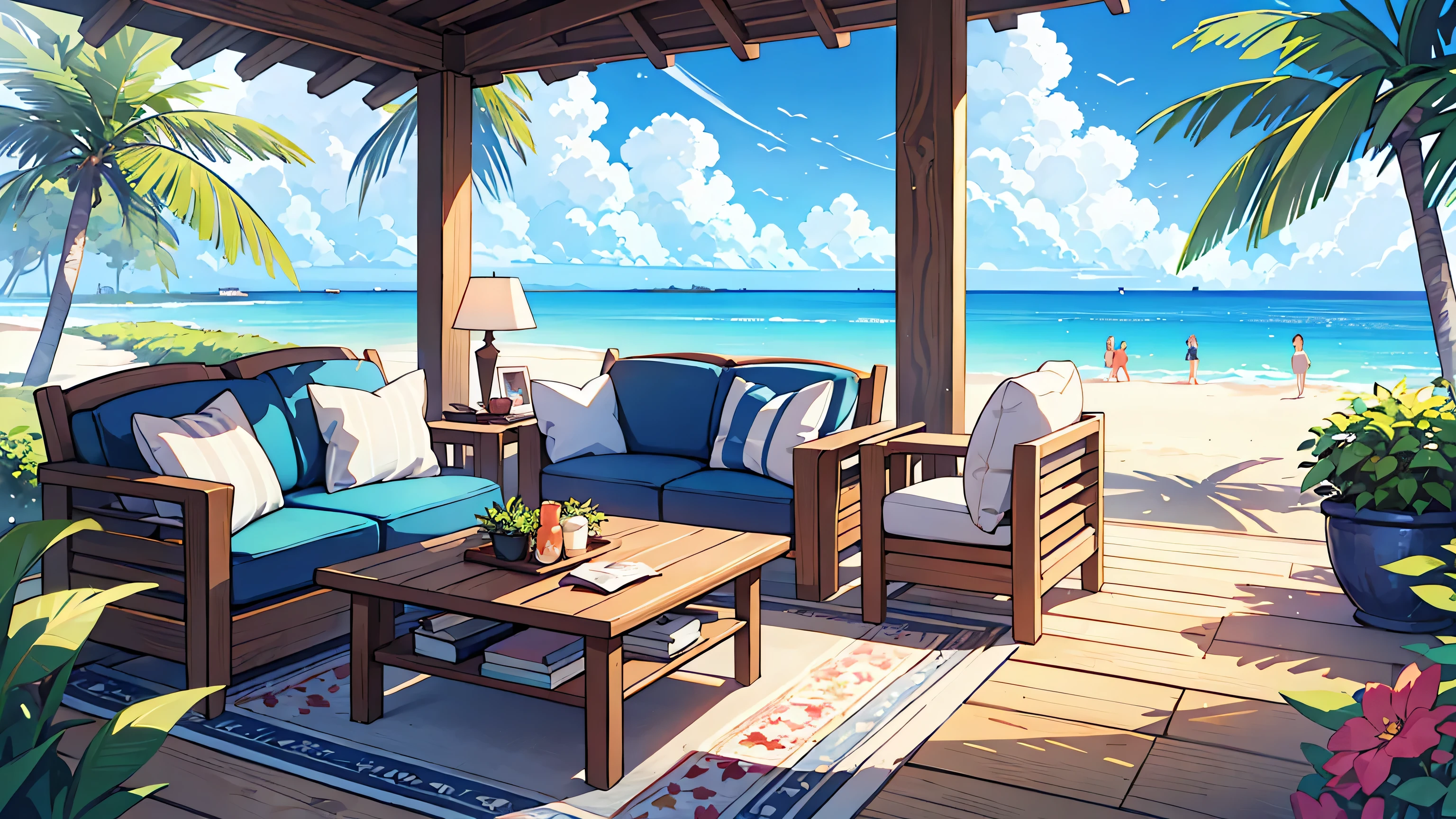 (masterpiece, best quality),Maldives beach scenery, blue sky,Calm clouds,best picture quality,bossa nova,Resorts,sofa,table,Full of flowers,
