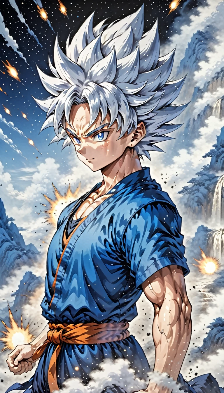 Image of GOKU SUPERIOR INSTINCT with white hair, Black and white effect around the body, Dark blue sky scenery with stars, detailled image, ultra realistic, anime version, Explosions and cinematic effects