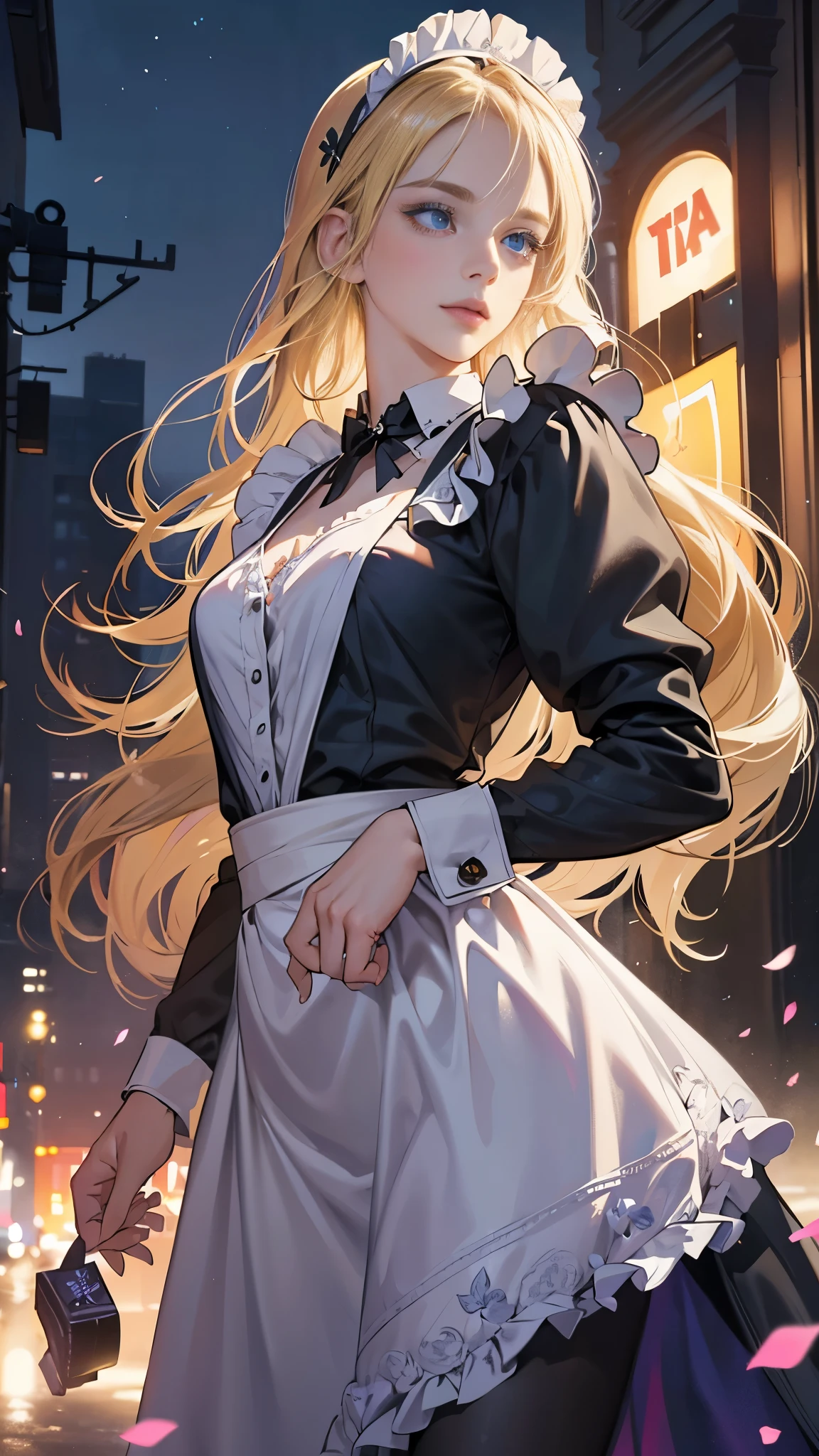 (nsfw), ((Floral Style Victoria's Secret)), (Adventure), ((Alone in the City)), (Realistic:1.5), Particles of light dancing in the neon lights, Dark background, (Best illustrations), photoRealistic, Octane Rendering, 8k, Neon Light, Flying Car in the distant sky, Detailed face with a hint of excitement, Detailed eyes filled with longing, ((Maid)), Maid headband adorned with flowers, Very long blonde hair cascading down her back, Bluish eyes sparkling with curiosity, (Sharp eyeliner and eye shadow accentuating her eyes:1.1), ((