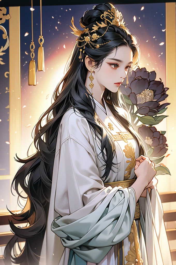 Black Hair, Immortal, Beauty, Royal sister, Stepmother, White Taoist robe, Golden Phoenix Coronet, Hair Bunch, Mature Woman