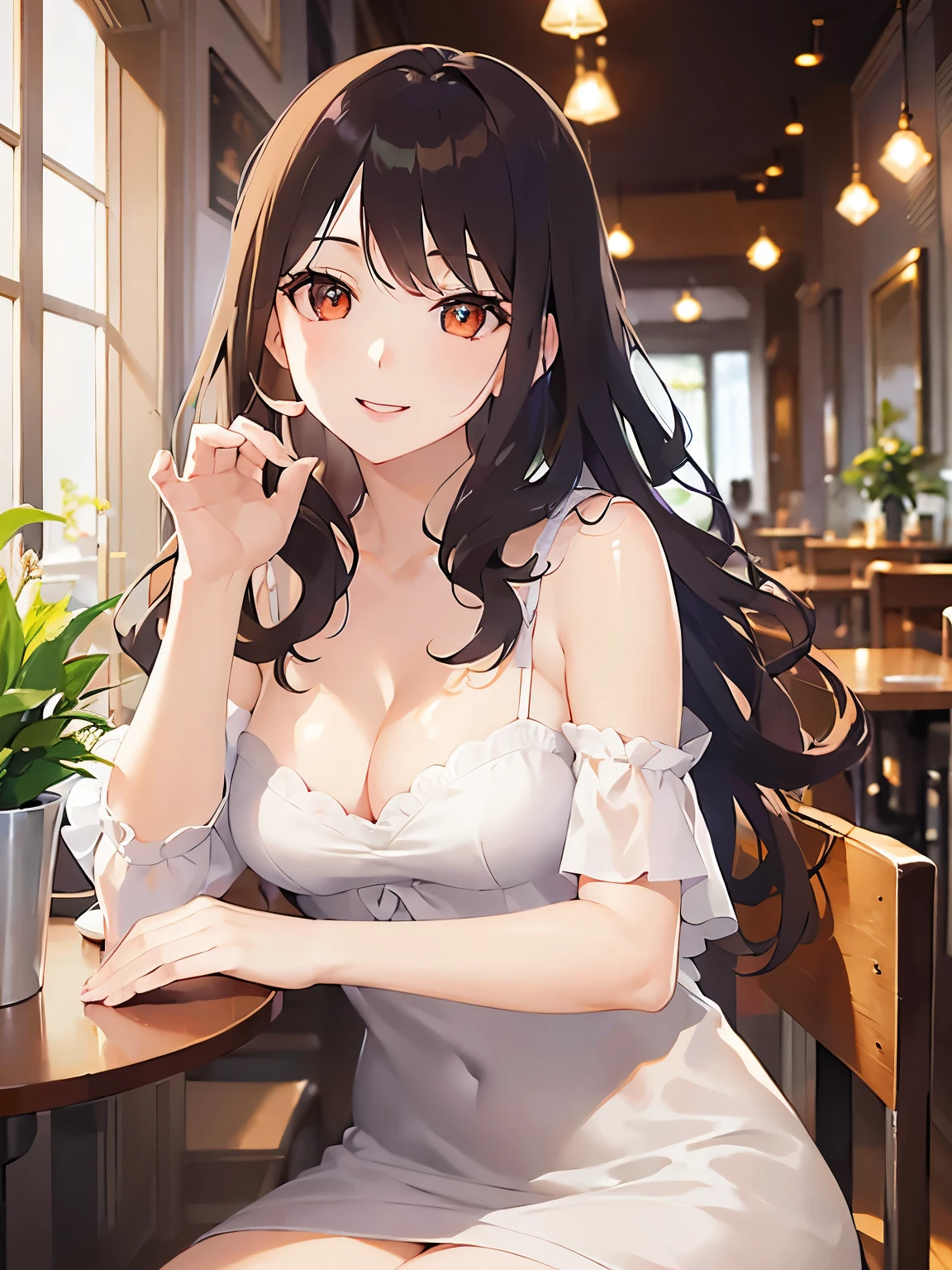 holding a cat、Cleavage、upper body、(pale skin: 1.2), shiny skin, shiny hair、(A 25-year-old woman with medium-length hair and bangs) and (wavy hair) and (brown hair) and (orange eyes) , (white) and (off shoulder dress) 、opne mouth, (smile:1.2), The background is the interior of a cafe、Alone、Sitting