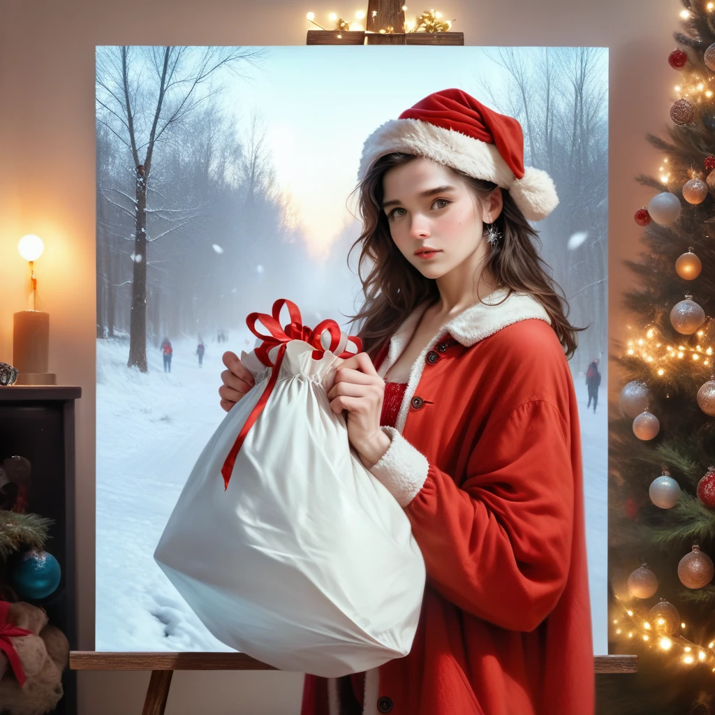 A beautiful, detailed portrait of a young Santa Claus holding a sack of gifts, standing in a snowy winter landscape with northern lights in the sky, (best quality,4k,8k,highres,masterpiece:1.2),ultra-detailed,(realistic,photorealistic,photo-realistic:1.37),extremely detailed face and eyes,beautiful detailed lips,longeyelashes,intricate Christmas decoration,snowflakes, warm lighting, cinematic, vibrant colors, fantasy, digital art