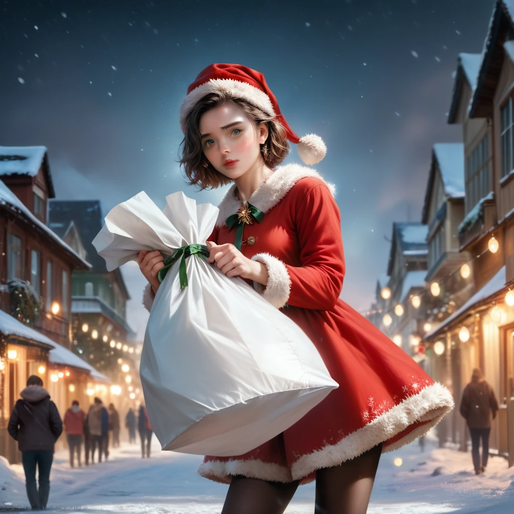 A beautiful, detailed portrait of a young Santa Claus holding a sack of gifts, standing in a snowy winter landscape with northern lights in the sky, (best quality,4k,8k,highres,masterpiece:1.2),ultra-detailed,(realistic,photorealistic,photo-realistic:1.37),extremely detailed face and eyes,beautiful detailed lips,longeyelashes,intricate Christmas decoration,snowflakes, warm lighting, cinematic, vibrant colors, fantasy, digital art