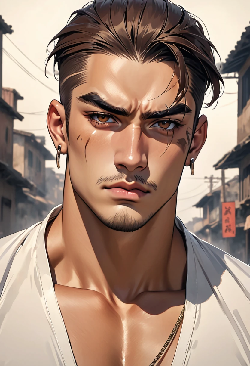 A gangster man with a scar on his eyebrow, brown hair in a slicked manner, piercing brown eyes, a rugged appearance, and broad shoulders.