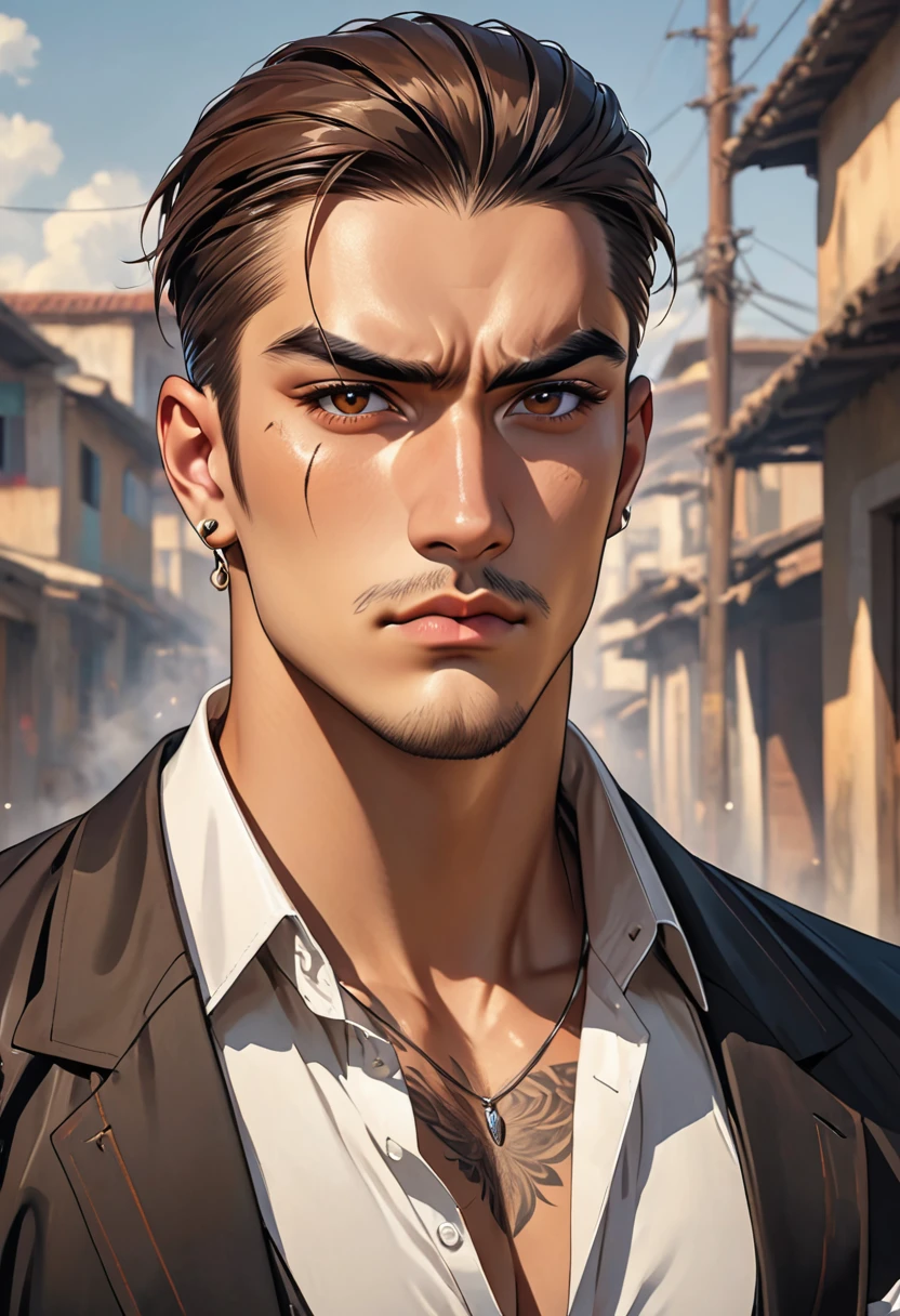 A gangster man with a scar on his eyebrow, brown hair in a slicked manner, piercing brown eyes, a rugged appearance, and broad shoulders. 