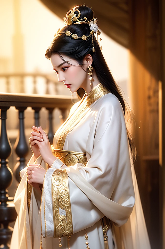 Black Hair, Immortal, Beauty, Royal sister, Stepmother, White Taoist robe, Golden Phoenix Coronet, Hair Bunch, Mature Woman