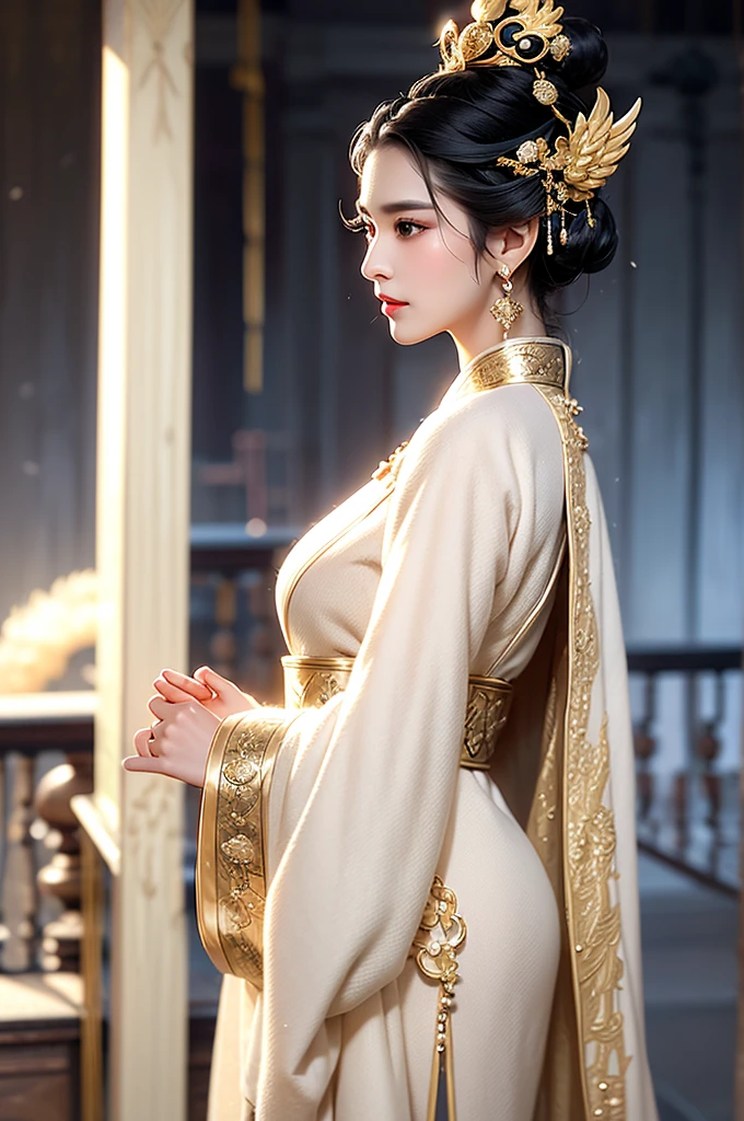 Black Hair, Immortal, Beauty, Royal sister, Stepmother, White Taoist robe, Golden Phoenix Coronet, Hair Bunch, Mature Woman